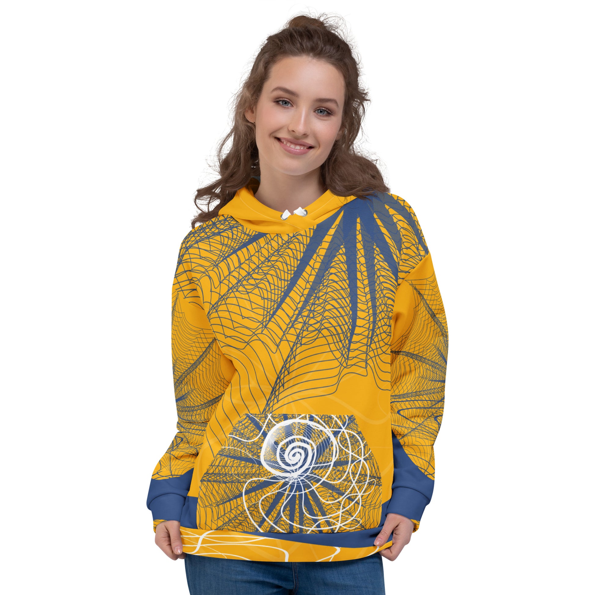 Front view of a golden yellow hoodie featuring navy web-like patterns, white spiral graphics, and a front pocket—blending bold streetwear with hand-drawn artistic detail.