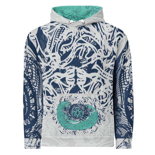 Recycled unisex hoodie with all-over abstract design in navy and jade, featuring hand-drawn mirrored faces and fluid line art—made for bold self-expression.
