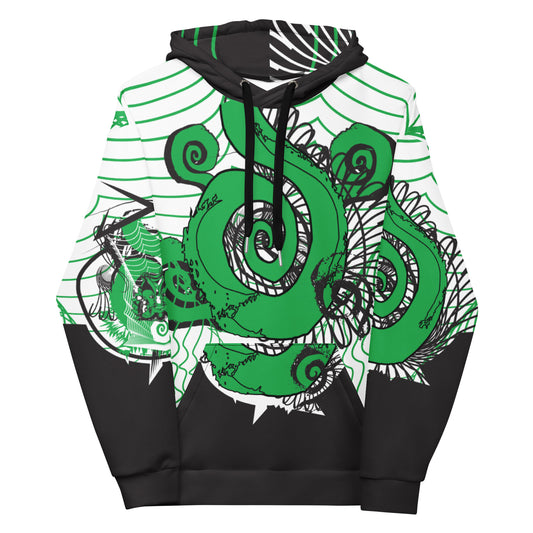 Hand-illustrated unisex hoodie featuring bold green spirals and a drawing of two mirrored faces — crafted for authentic self-expression and inspired by global artistic traditions, exclusive to KLOE.