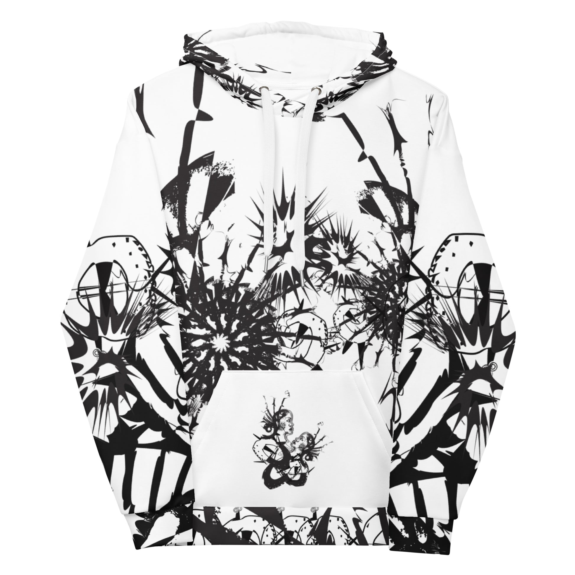 Front view of white all-over print unisex K.L.O.E. hoodie featuring black abstract hand-drawn illustration of two faces surrounded by dynamic organic shapes and cultural symbolism—celebrating transformation, individuality, and artistic expression.