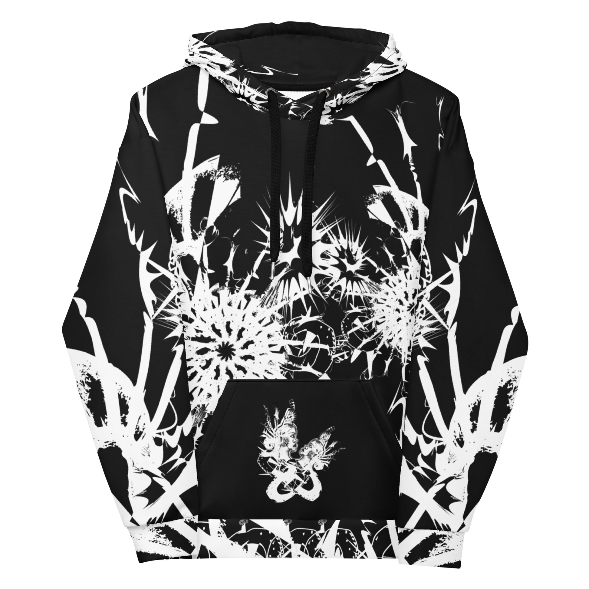 Front view of all-over print recycled unisex hoodie by K.L.O.E featuring white hand-drawn, culturally inspired artwork across the chest and sleeves—expressing individuality and transformation through abstract symbolism.