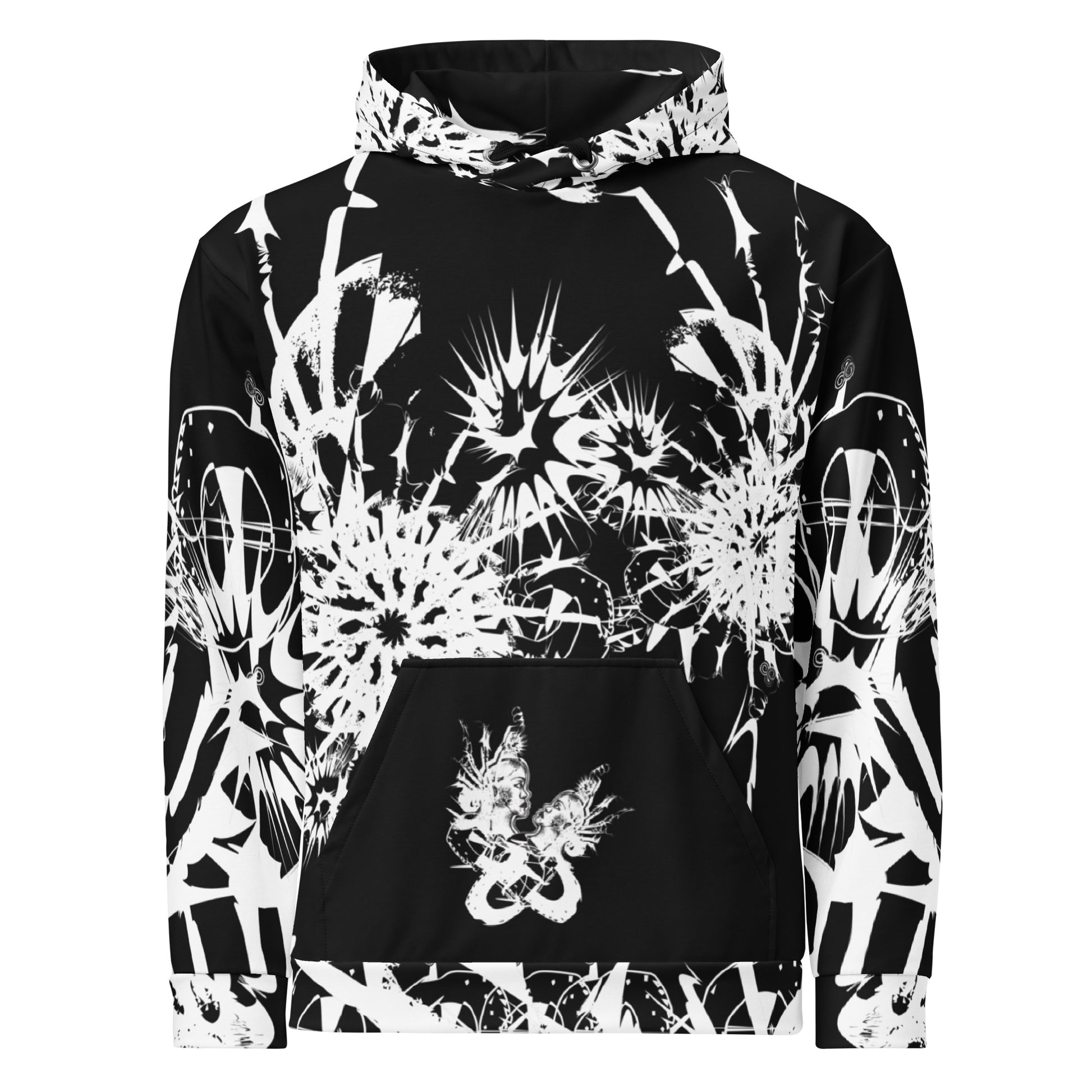 Front view of all-over print recycled unisex hoodie by K.L.O.E featuring white hand-drawn, culturally inspired artwork across the chest and sleeves—expressing individuality and transformation through abstract symbolism.