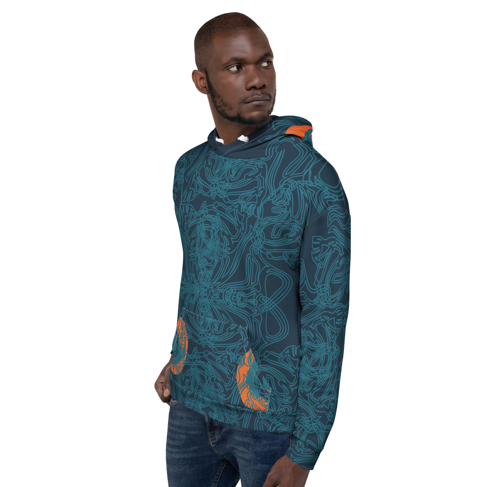 Front view of a navy blue hoodie with intricate cyan linework, subtle orange tribal accents on the pockets, and a spacious hood, on a model.