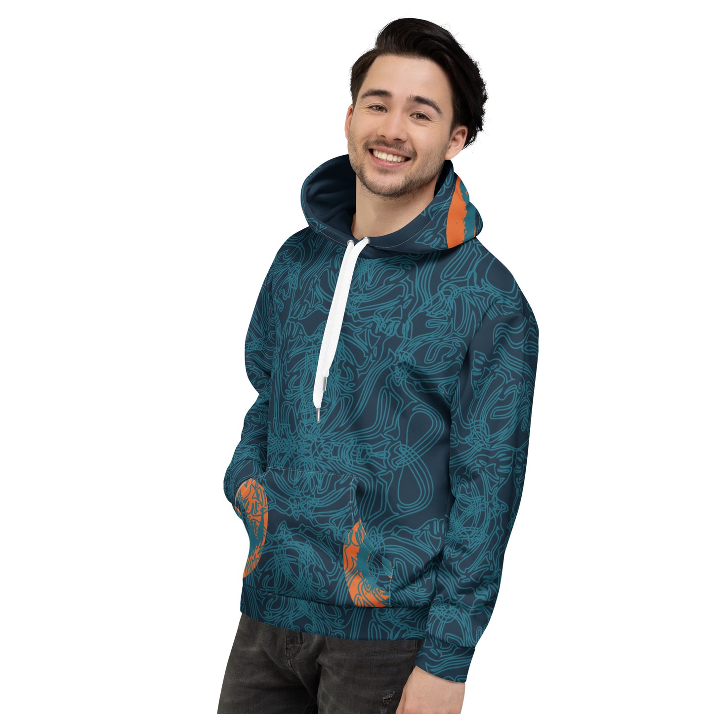 Front view of a navy blue hoodie with intricate cyan linework, subtle orange tribal accents on the pockets, and a spacious hood, on a model.