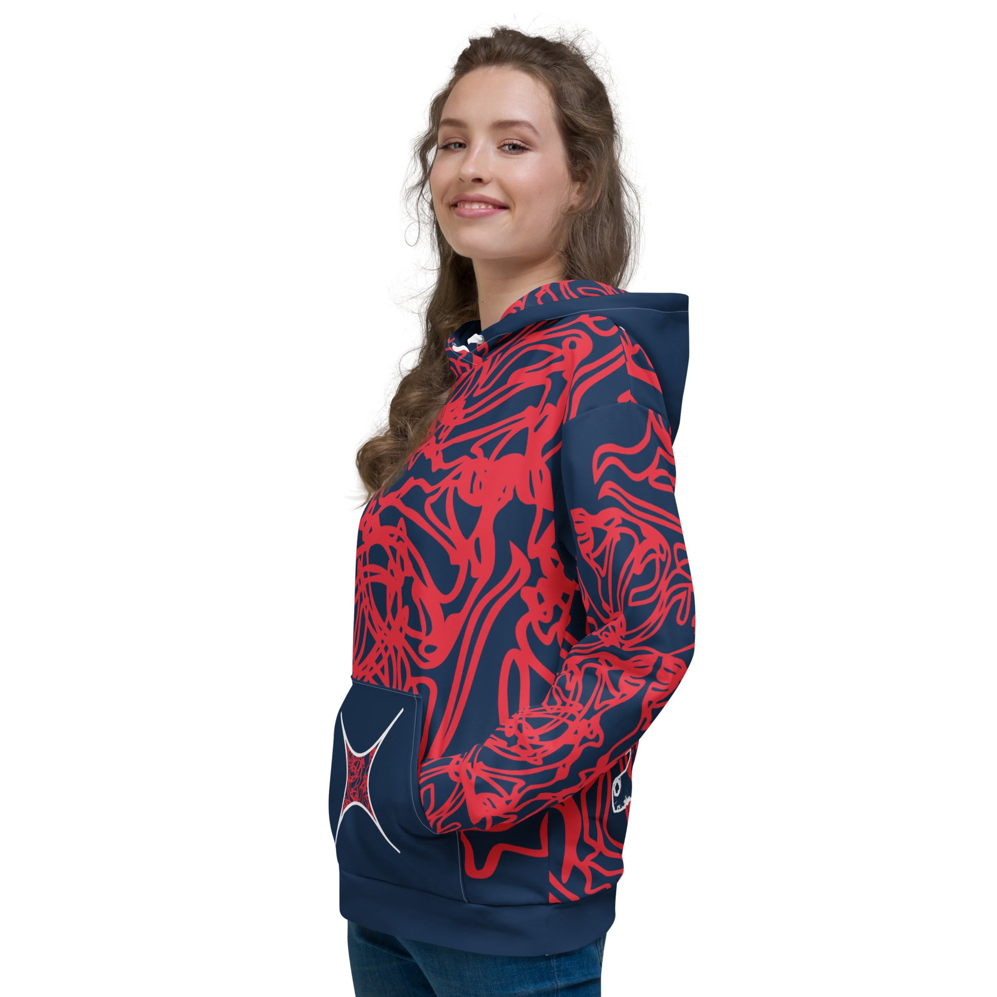 Bold navy and red streetwear hoodie featuring hand-drawn tribal patterns and mirrored face design, culturally inspired and crafted for modern, edgy style – KLOE fashion.