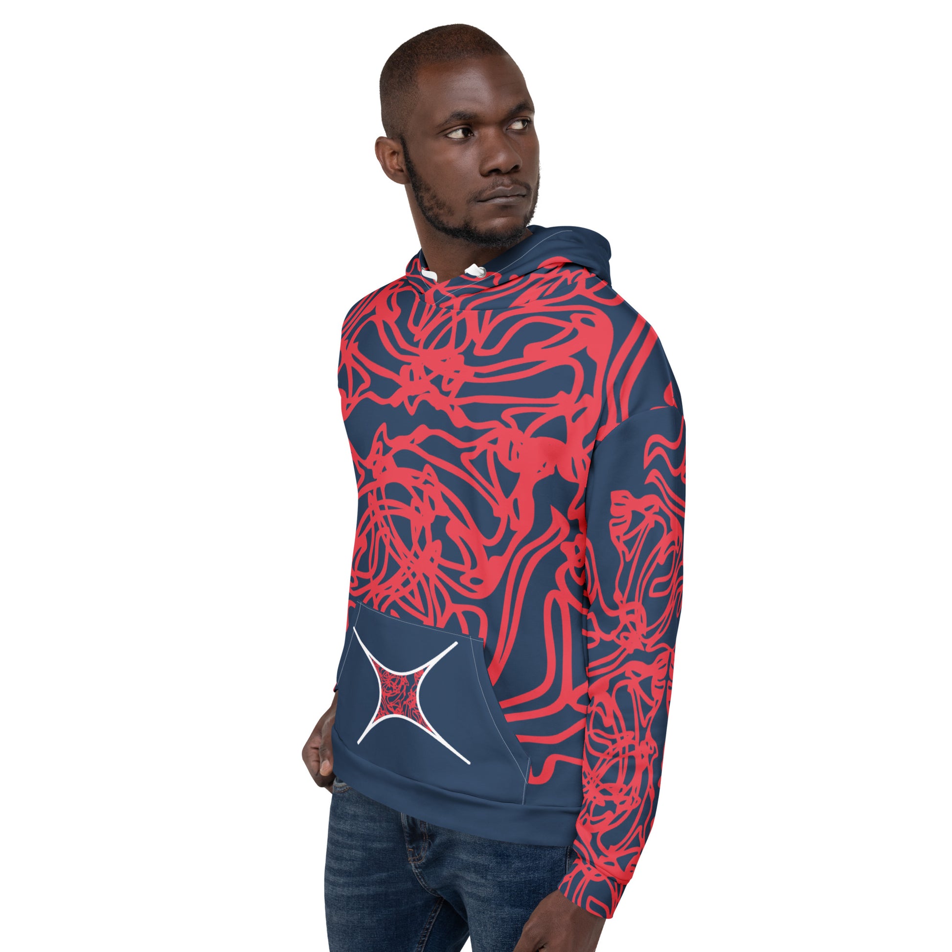Bold navy and red streetwear hoodie featuring hand-drawn tribal patterns and mirrored face design, culturally inspired and crafted for modern, edgy style – KLOE fashion.
