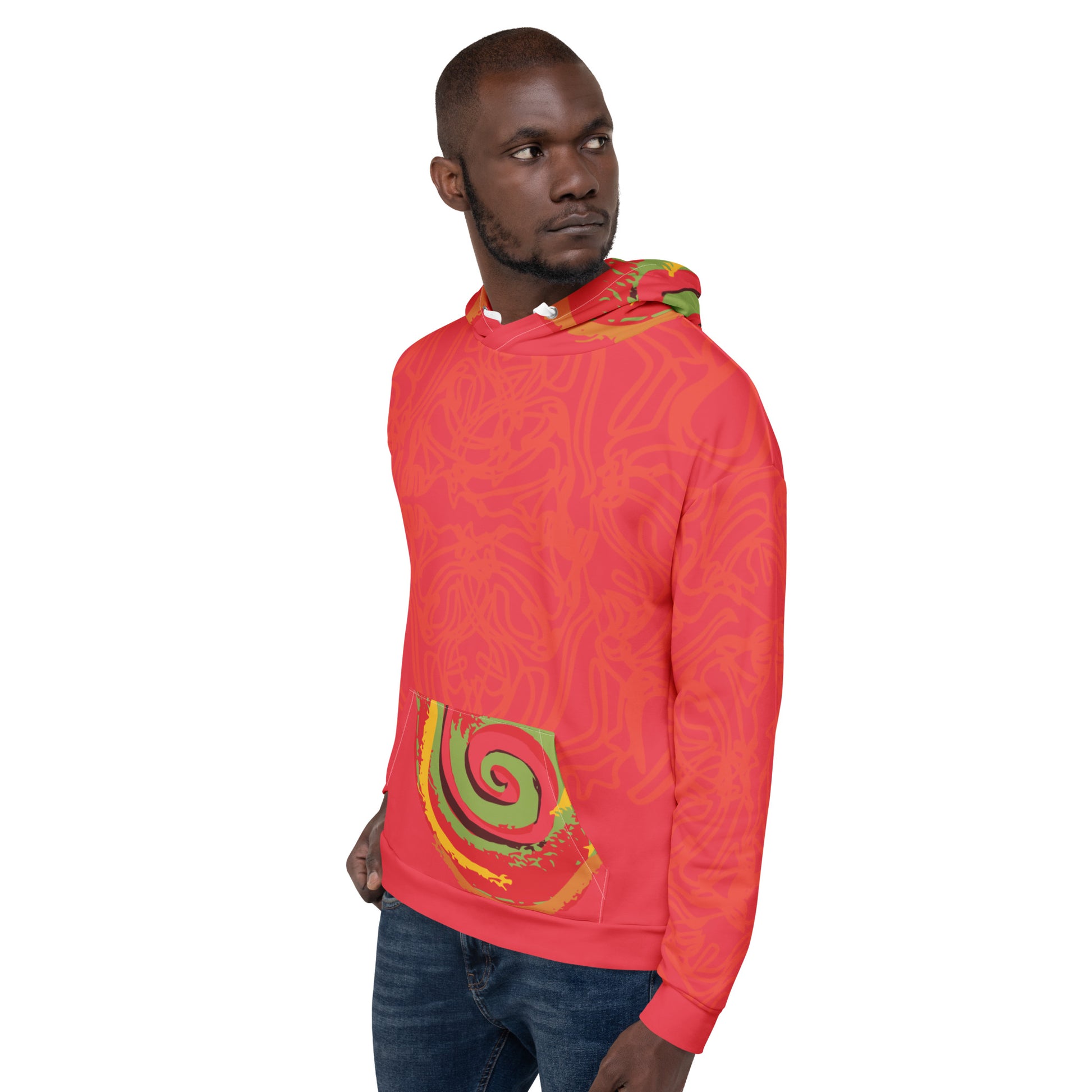 Red hoodie with bold spiral pocket design and mirrored face artwork on the back, inspired by cultural art and self-expression.