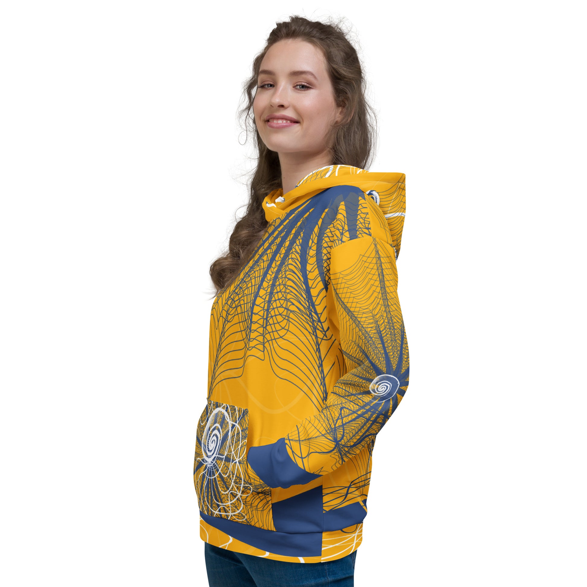 Front view of a golden yellow hoodie featuring navy web-like patterns, white spiral graphics, and a front pocket—blending bold streetwear with hand-drawn artistic detail.