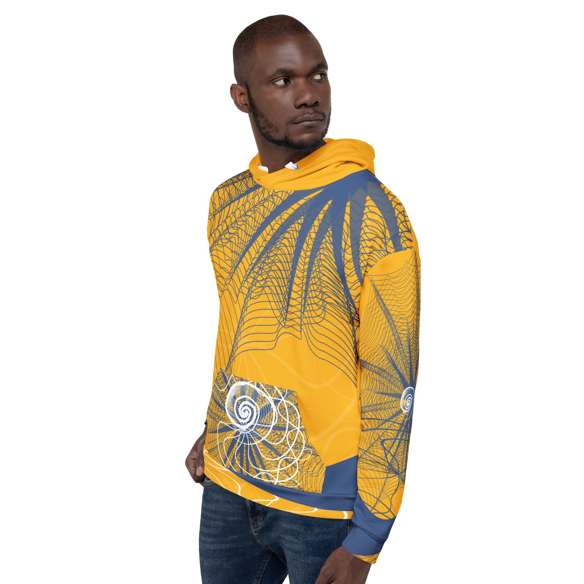 Front view of a golden yellow hoodie featuring navy web-like patterns, white spiral graphics, and a front pocket—blending bold streetwear with hand-drawn artistic detail.