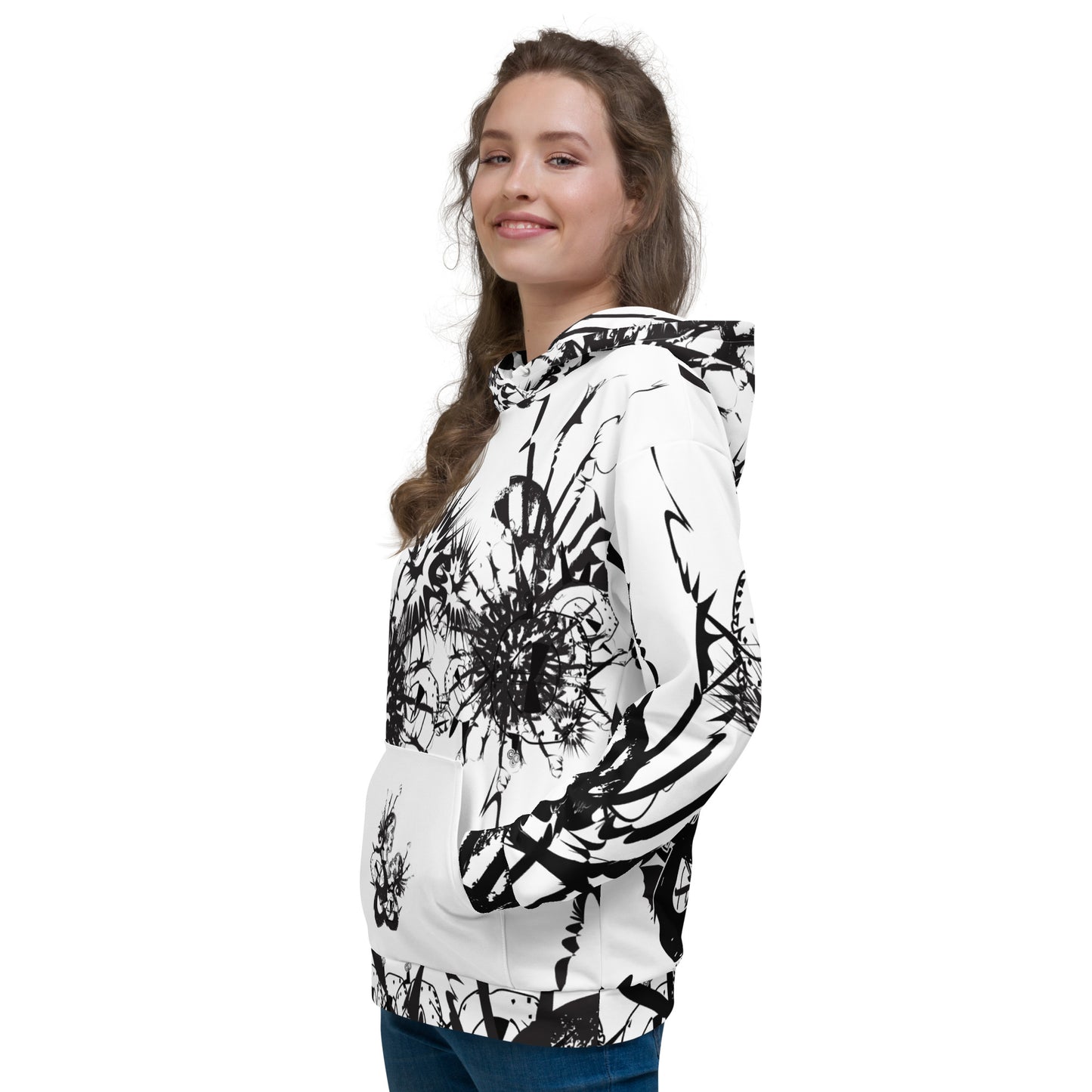 Front view of white all-over print unisex K.L.O.E. hoodie featuring black abstract hand-drawn illustration of two faces surrounded by dynamic organic shapes and cultural symbolism—celebrating transformation, individuality, and artistic expression.