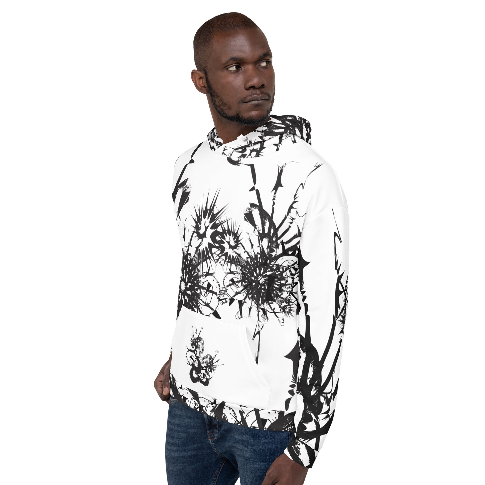 Front view of white all-over print unisex K.L.O.E. hoodie featuring black abstract hand-drawn illustration of two faces surrounded by dynamic organic shapes and cultural symbolism—celebrating transformation, individuality, and artistic expression.
