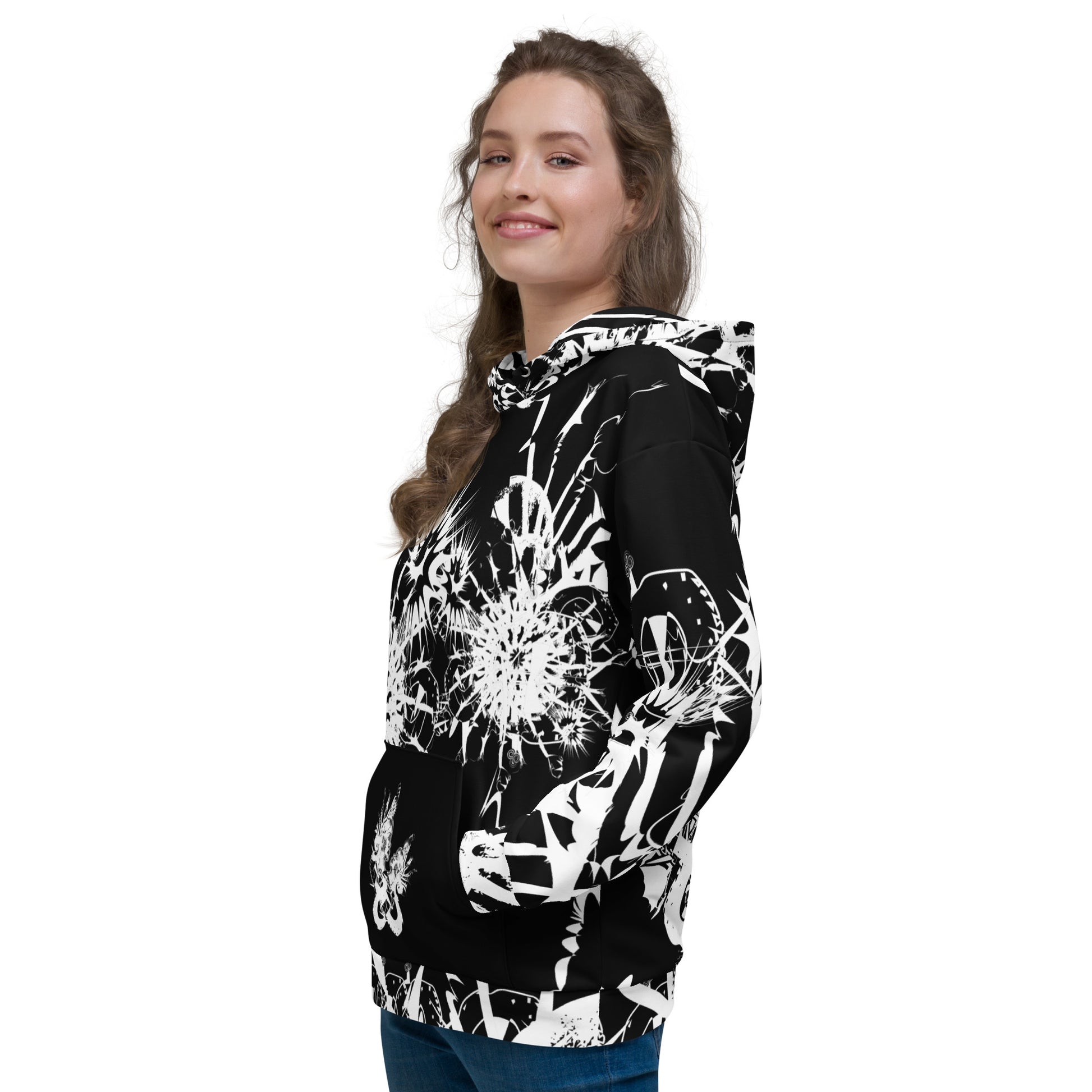 Side view of all-over print recycled unisex hoodie by K.L.O.E featuring white hand-drawn, culturally inspired artwork across the chest and sleeves—expressing individuality and transformation through abstract symbolism.