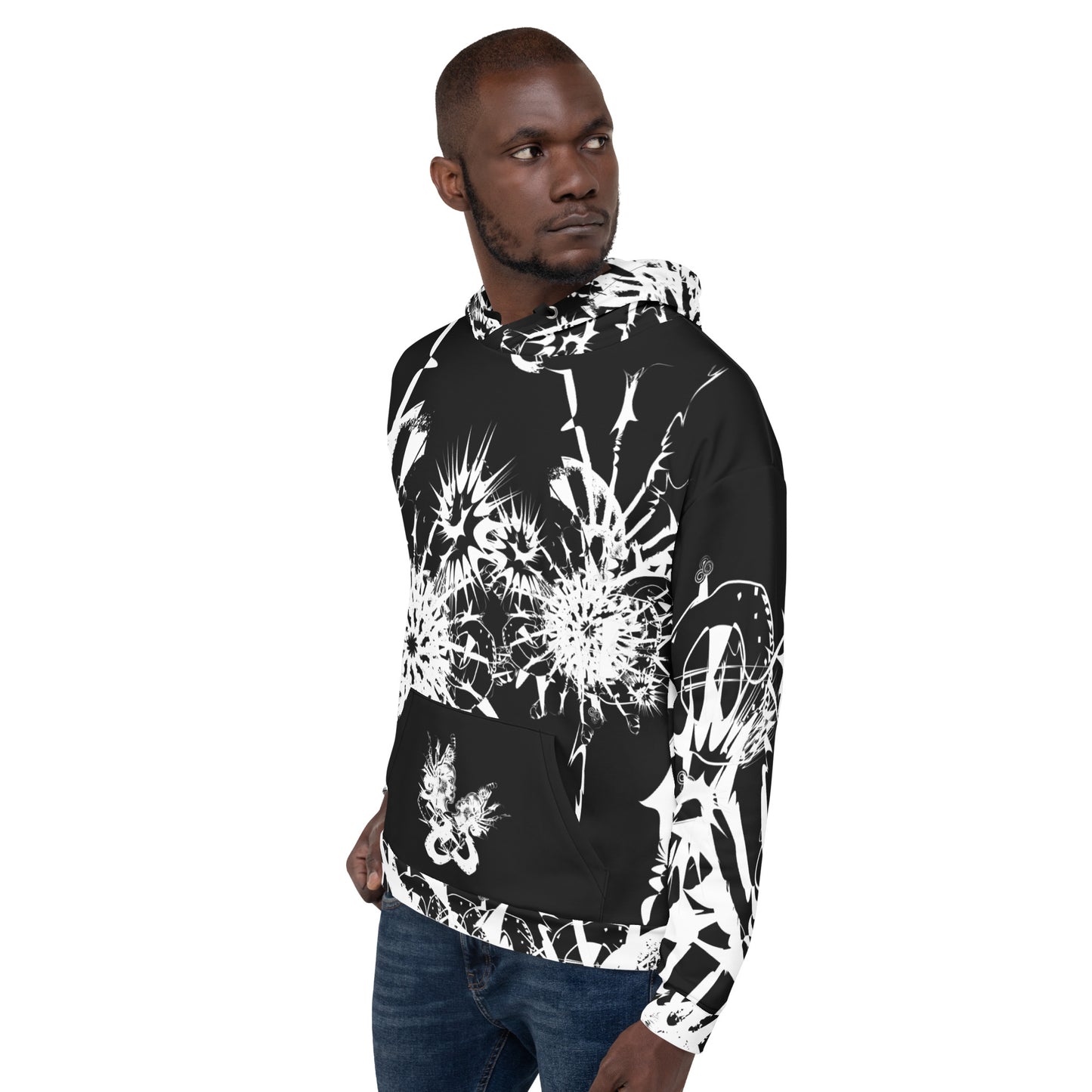 Front view of all-over print recycled unisex hoodie by K.L.O.E featuring white hand-drawn, culturally inspired artwork across the chest and sleeves—expressing individuality and transformation through abstract symbolism.