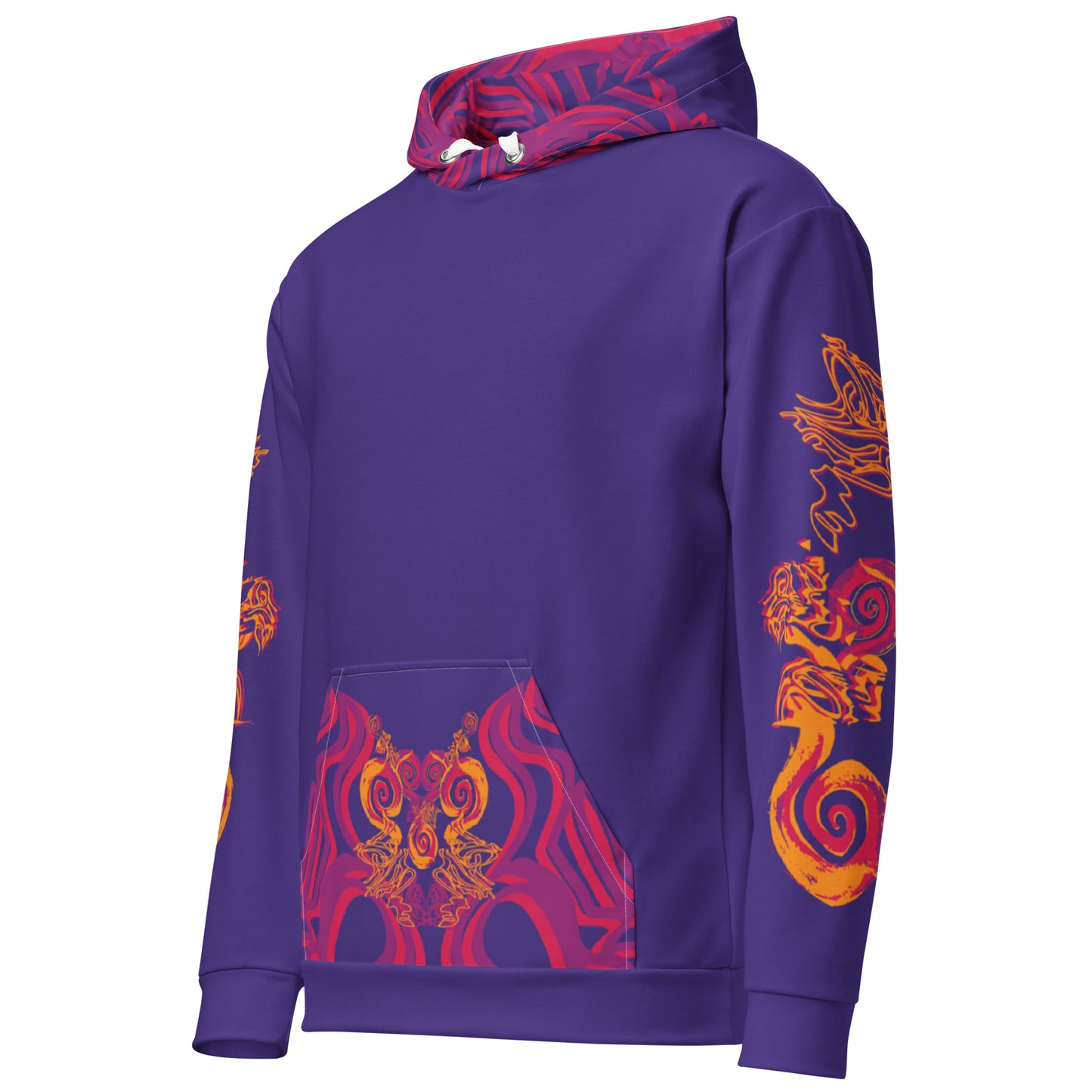 Vibrant purple hoodie with bold orange and red culturally inspired patterns, mirrored face design, and abstract swirls — expressive fashion from KLOE’s The Secret Chambers of I & I collection.