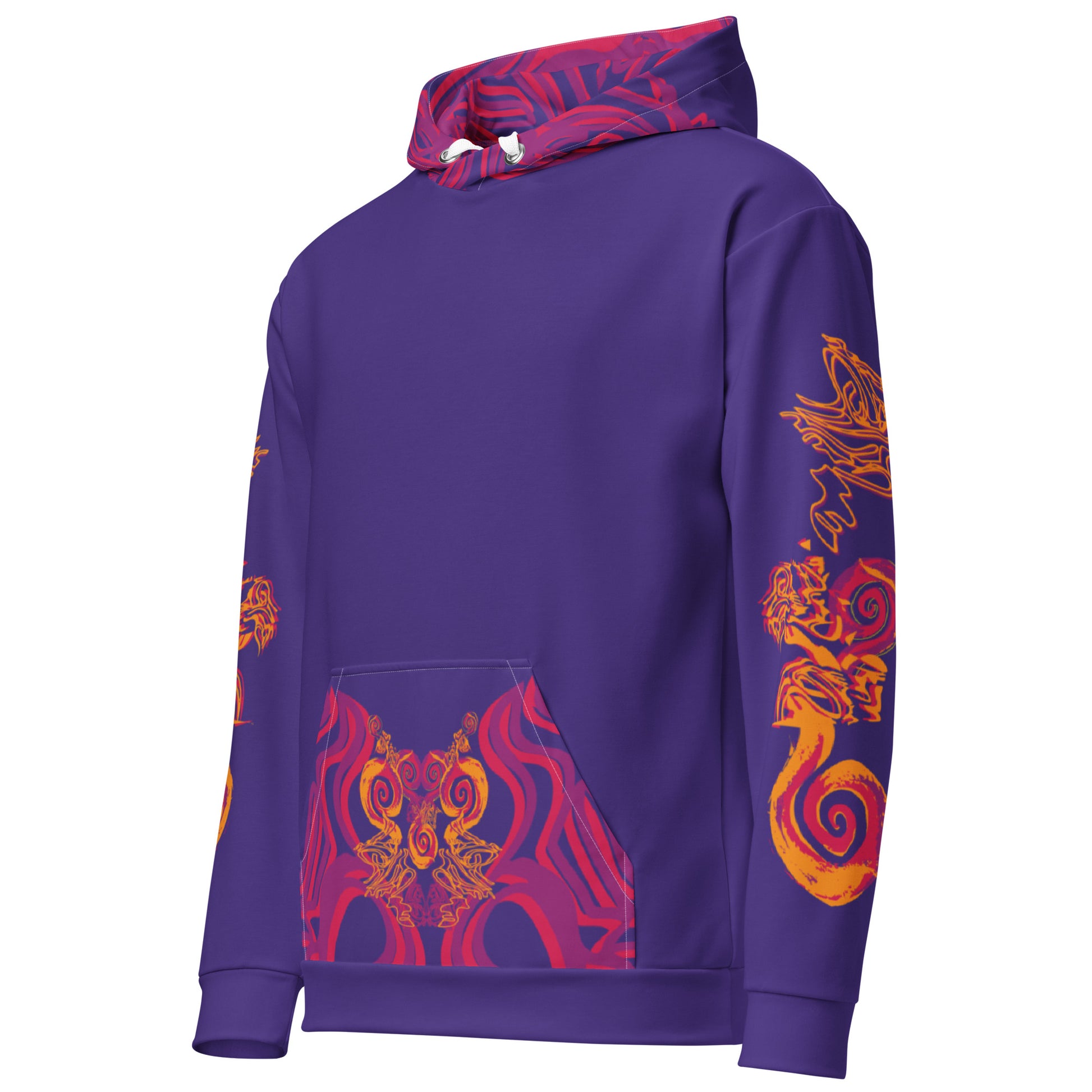 Vibrant purple hoodie with bold orange and red culturally inspired patterns, mirrored face design, and abstract swirls — expressive fashion from KLOE’s The Secret Chambers of I & I collection.