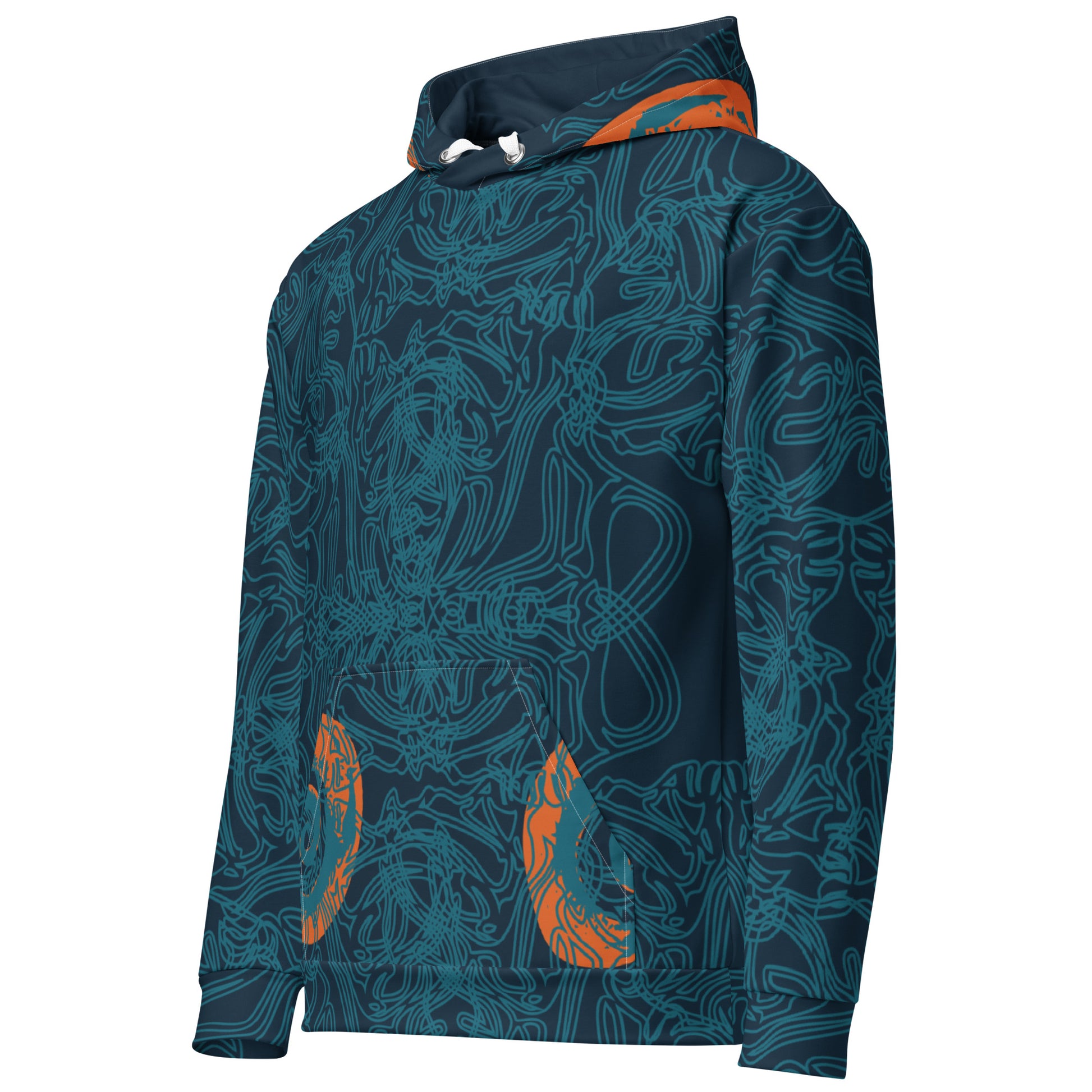 Front view of a navy blue hoodie with intricate cyan linework, subtle orange tribal accents on the pockets, and a spacious hood.