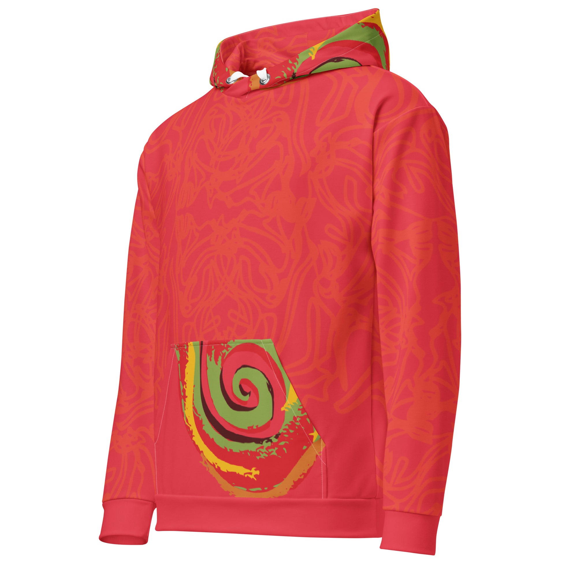 Red hoodie with bold spiral pocket design and mirrored face artwork on the back, inspired by cultural art and self-expression.