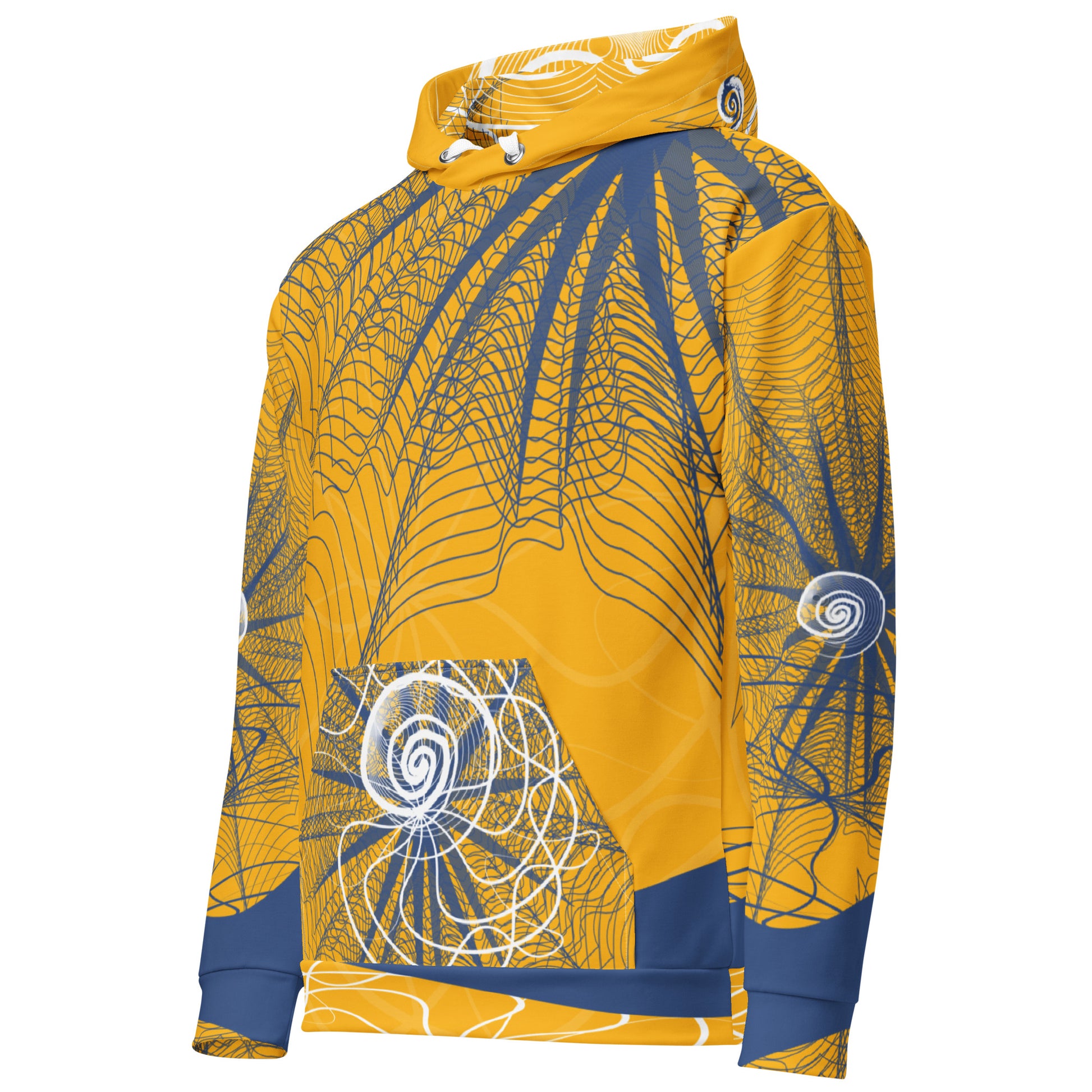 Front view of a golden yellow hoodie featuring navy web-like patterns, white spiral graphics, and a front pocket—blending bold streetwear with hand-drawn artistic detail.