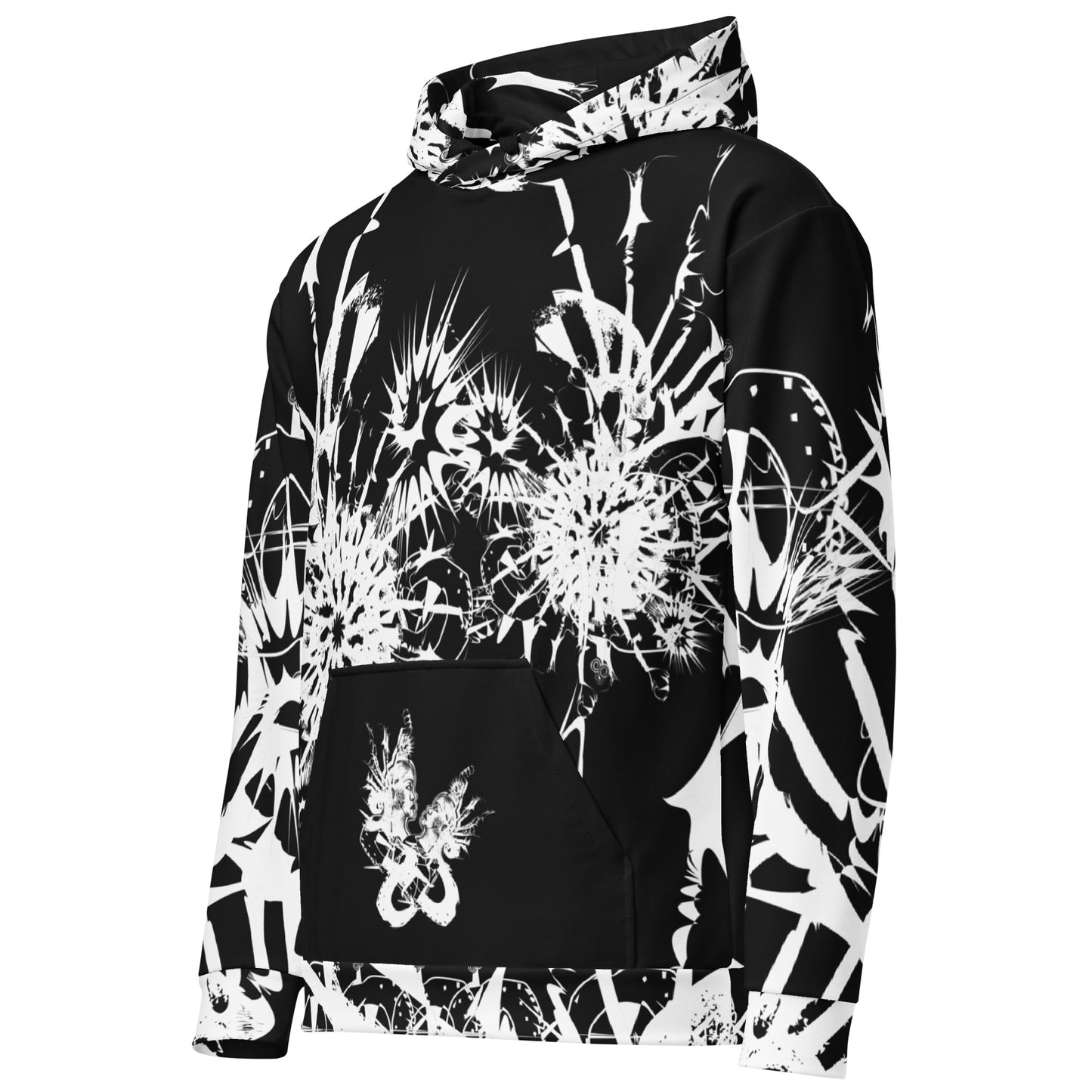 Front view of all-over print recycled unisex hoodie by K.L.O.E featuring white hand-drawn, culturally inspired artwork across the chest and sleeves—expressing individuality and transformation through abstract symbolism.