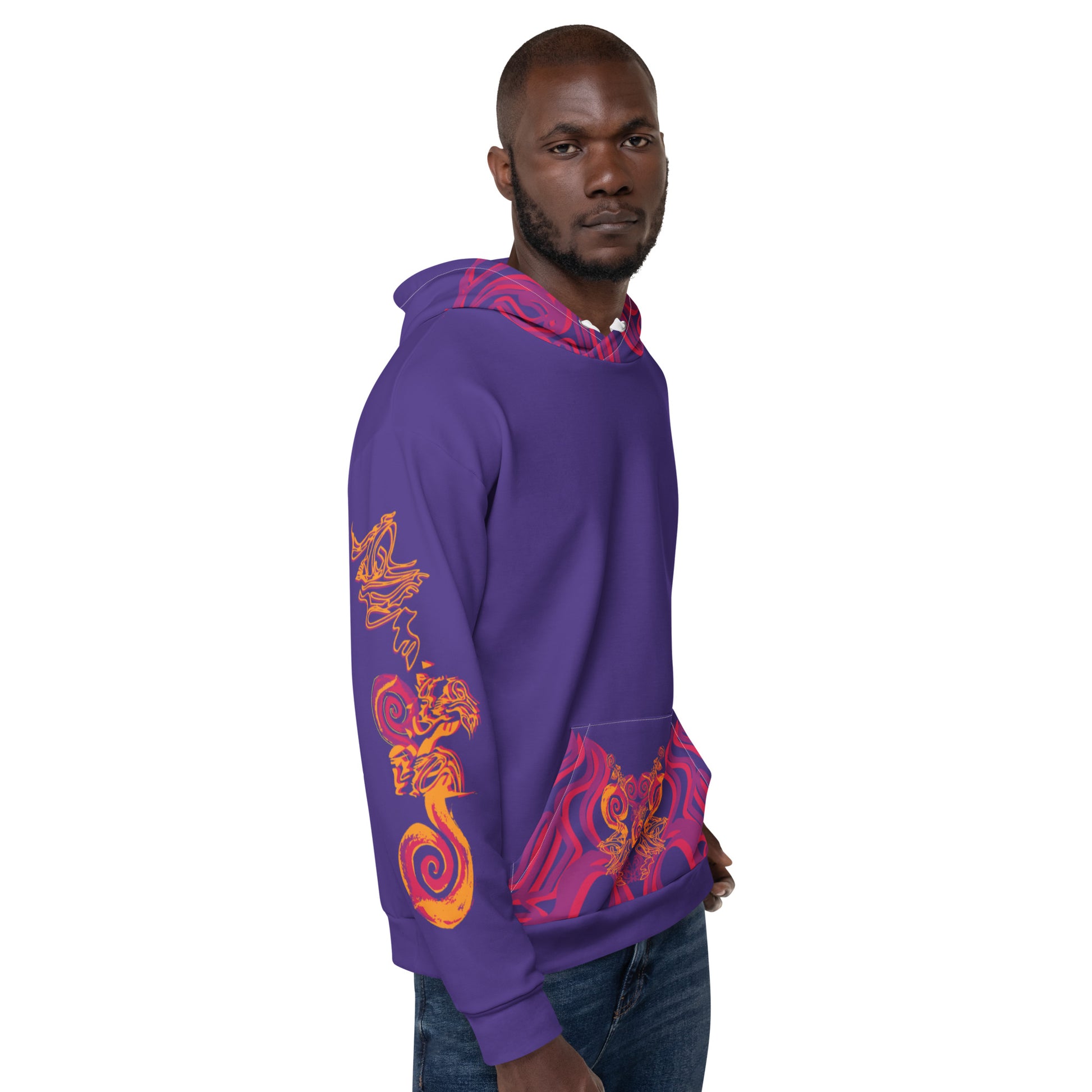 A model wearing a vibrant purple hoodie with bold orange and red culturally inspired patterns, mirrored face design, and abstract swirls — expressive fashion from KLOE’s The Secret Chambers of I & I collection.