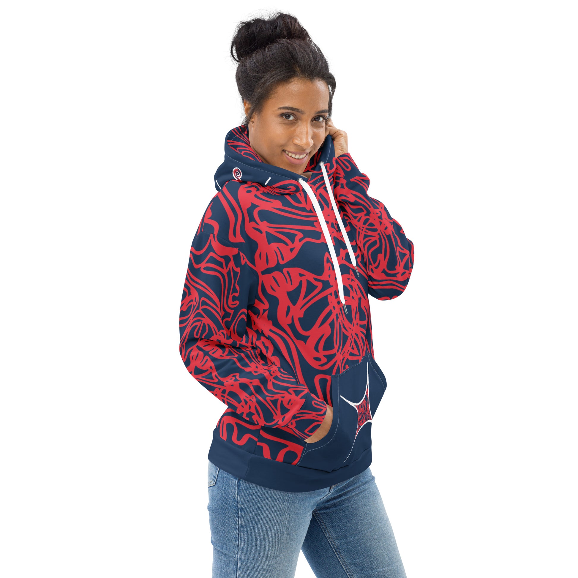 Bold navy and red streetwear hoodie featuring hand-drawn tribal patterns and mirrored face design, culturally inspired and crafted for modern, edgy style – KLOE fashion.