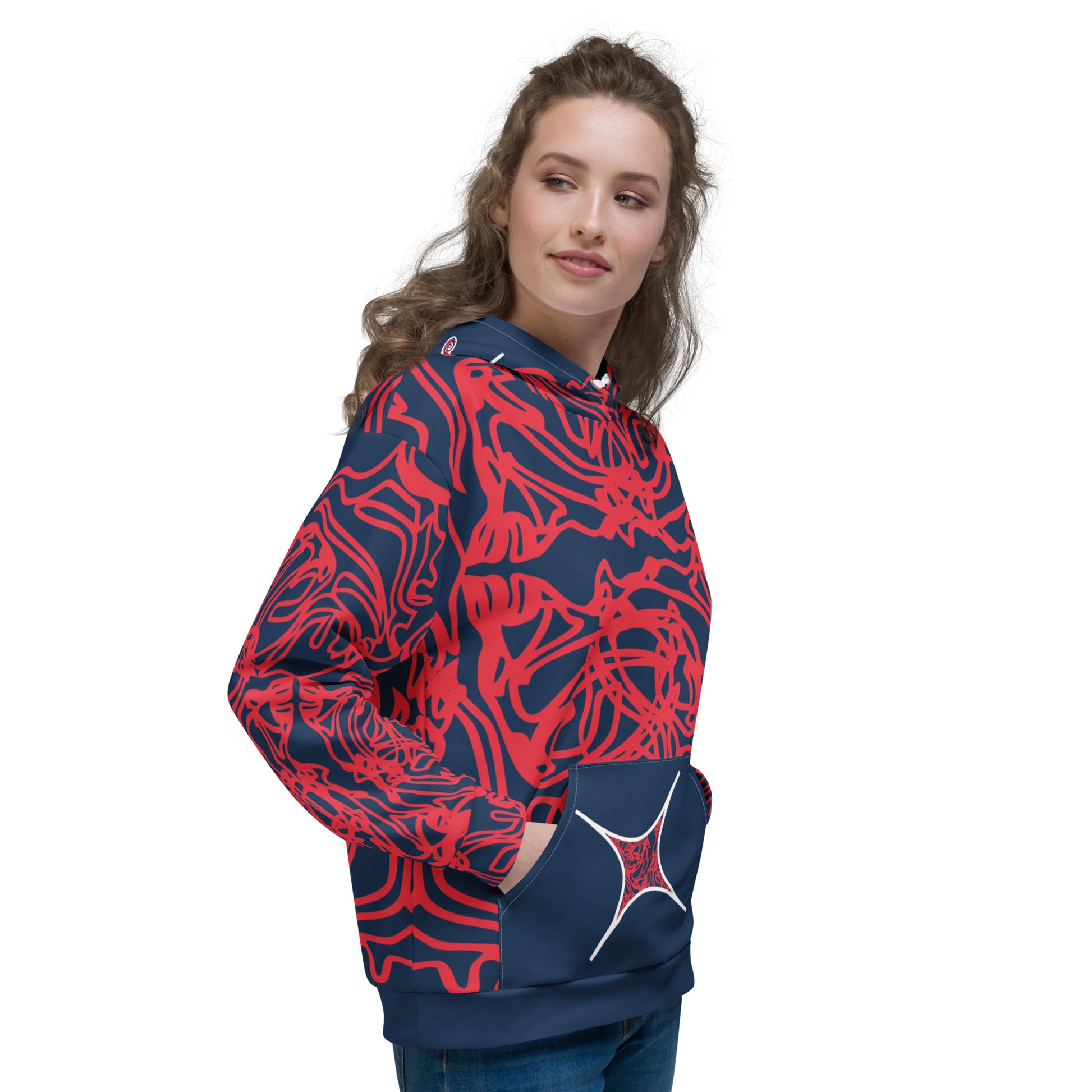 Bold navy and red streetwear hoodie featuring hand-drawn tribal patterns and mirrored face design, culturally inspired and crafted for modern, edgy style – KLOE fashion.
