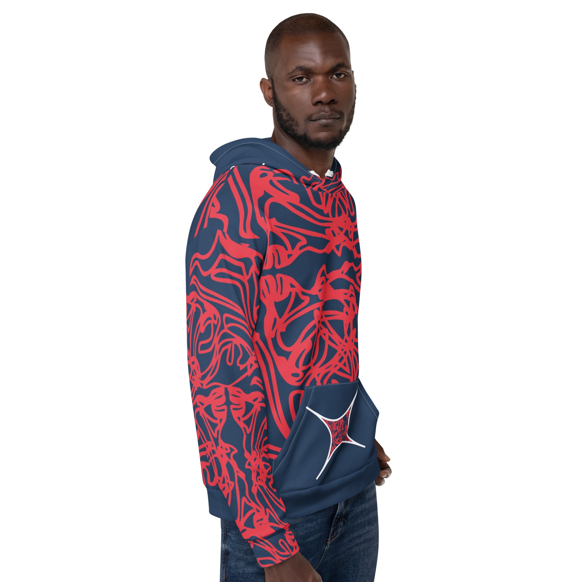 Bold navy and red streetwear hoodie featuring hand-drawn tribal patterns and mirrored face design, culturally inspired and crafted for modern, edgy style – KLOE fashion.