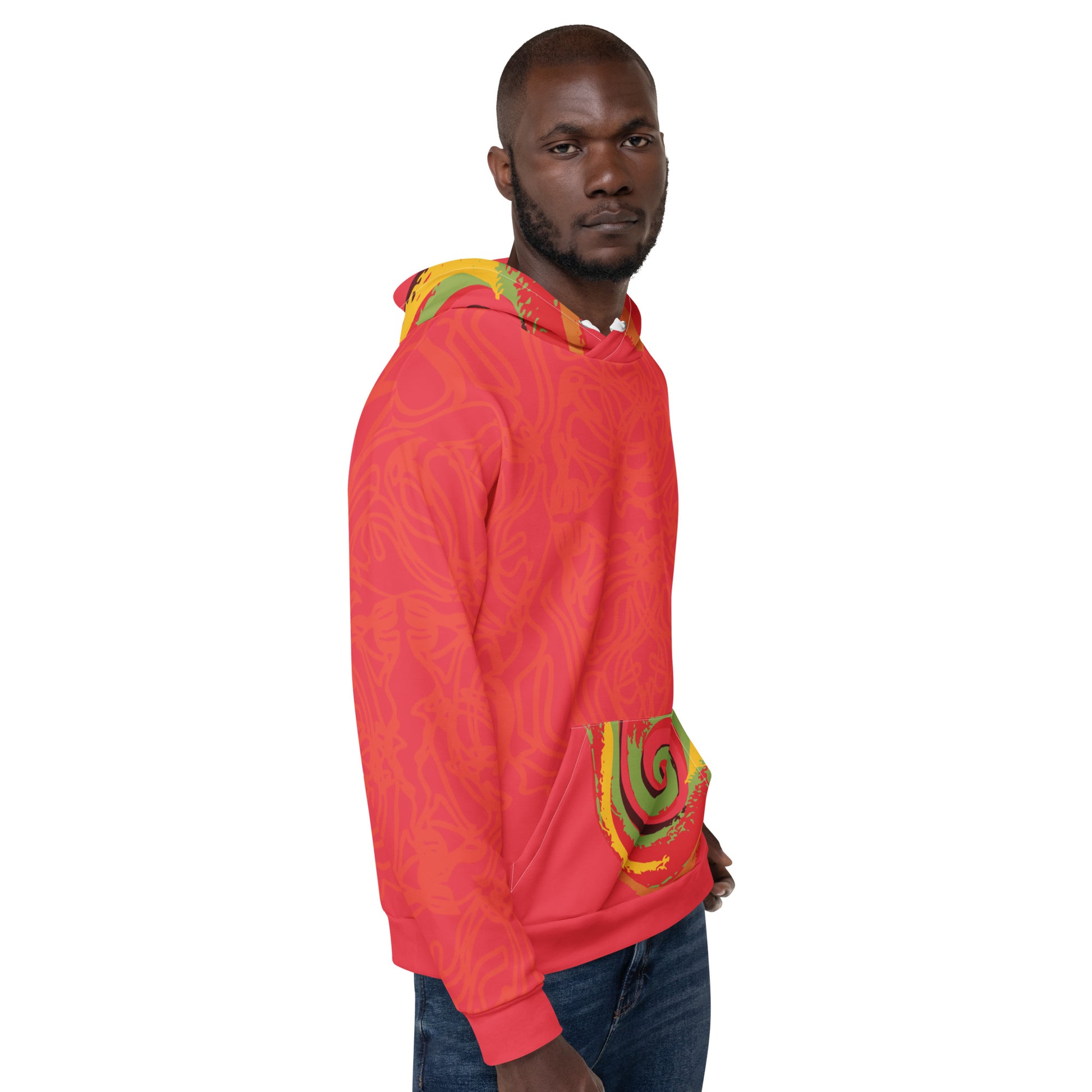 Red hoodie with bold spiral pocket design and mirrored face artwork on the back, inspired by cultural art and self-expression.