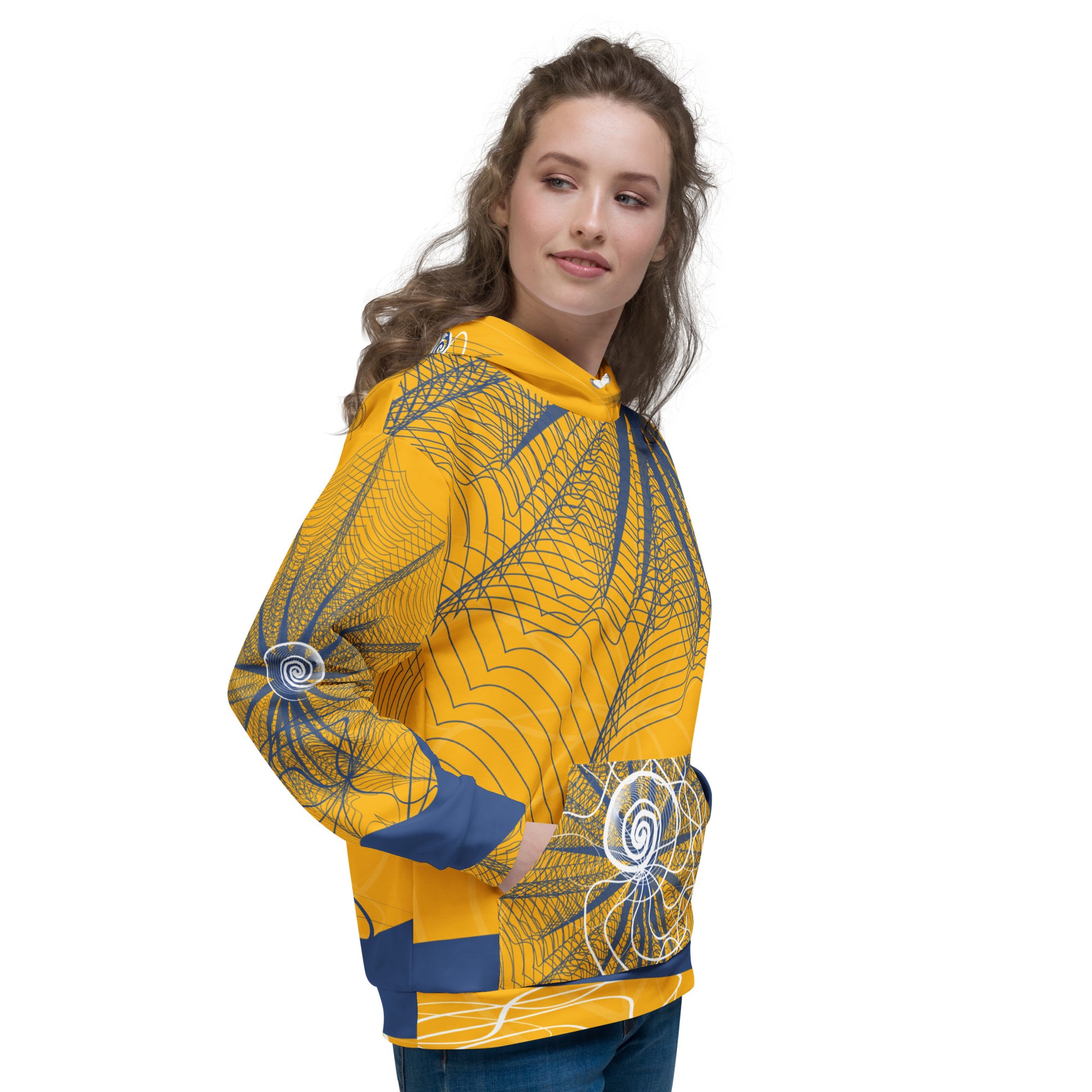 Front view of a golden yellow hoodie featuring navy web-like patterns, white spiral graphics, and a front pocket—blending bold streetwear with hand-drawn artistic detail.