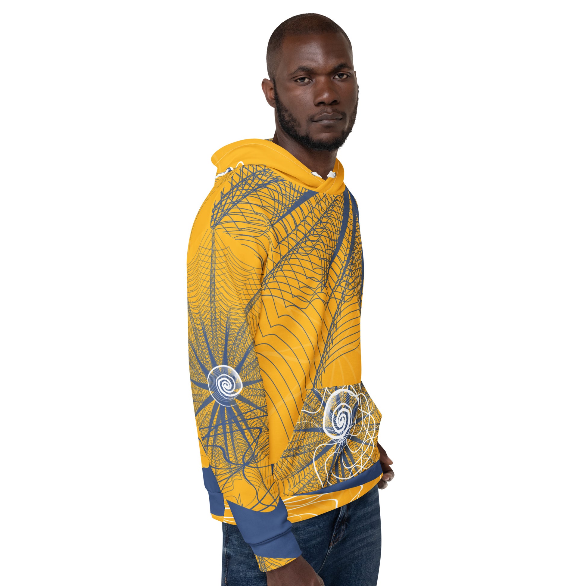 Front view of a golden yellow hoodie featuring navy web-like patterns, white spiral graphics, and a front pocket—blending bold streetwear with hand-drawn artistic detail.