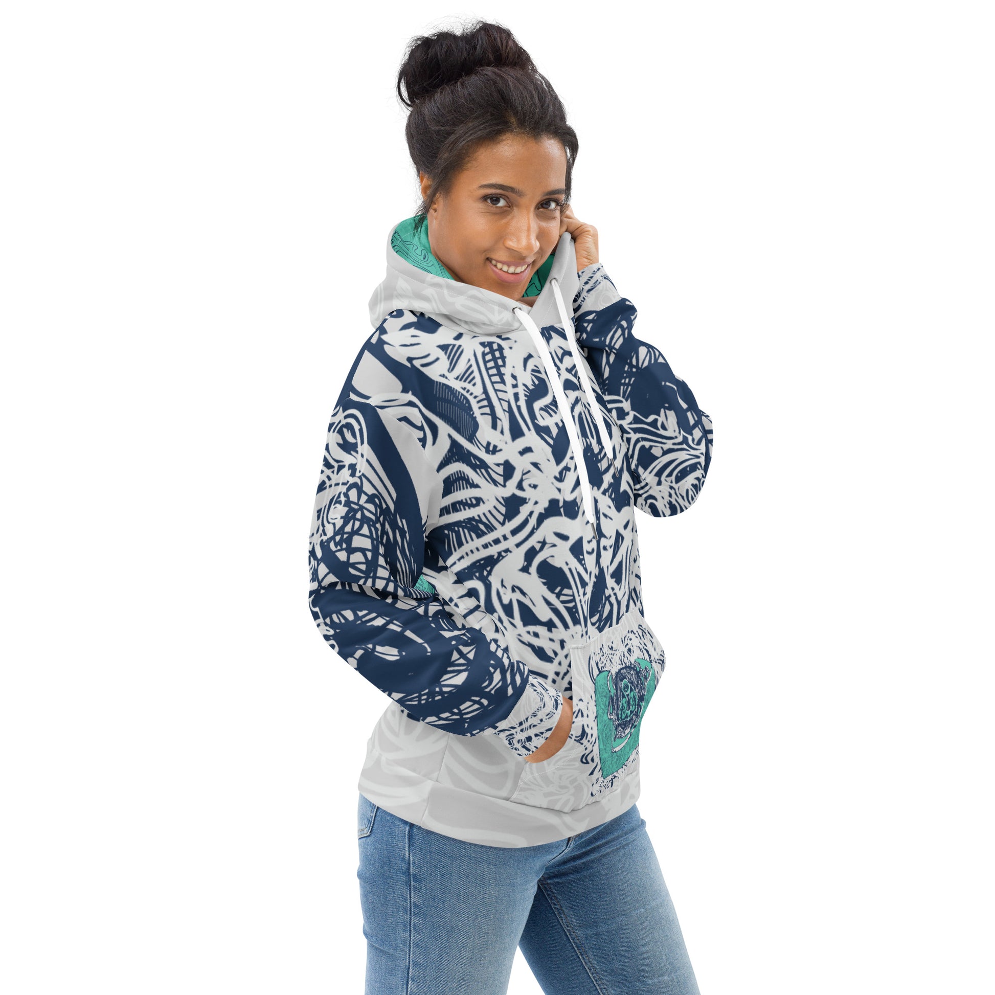 Recycled unisex hoodie with all-over abstract design in navy and jade, featuring hand-drawn mirrored faces and fluid line art—made for bold self-expression.
