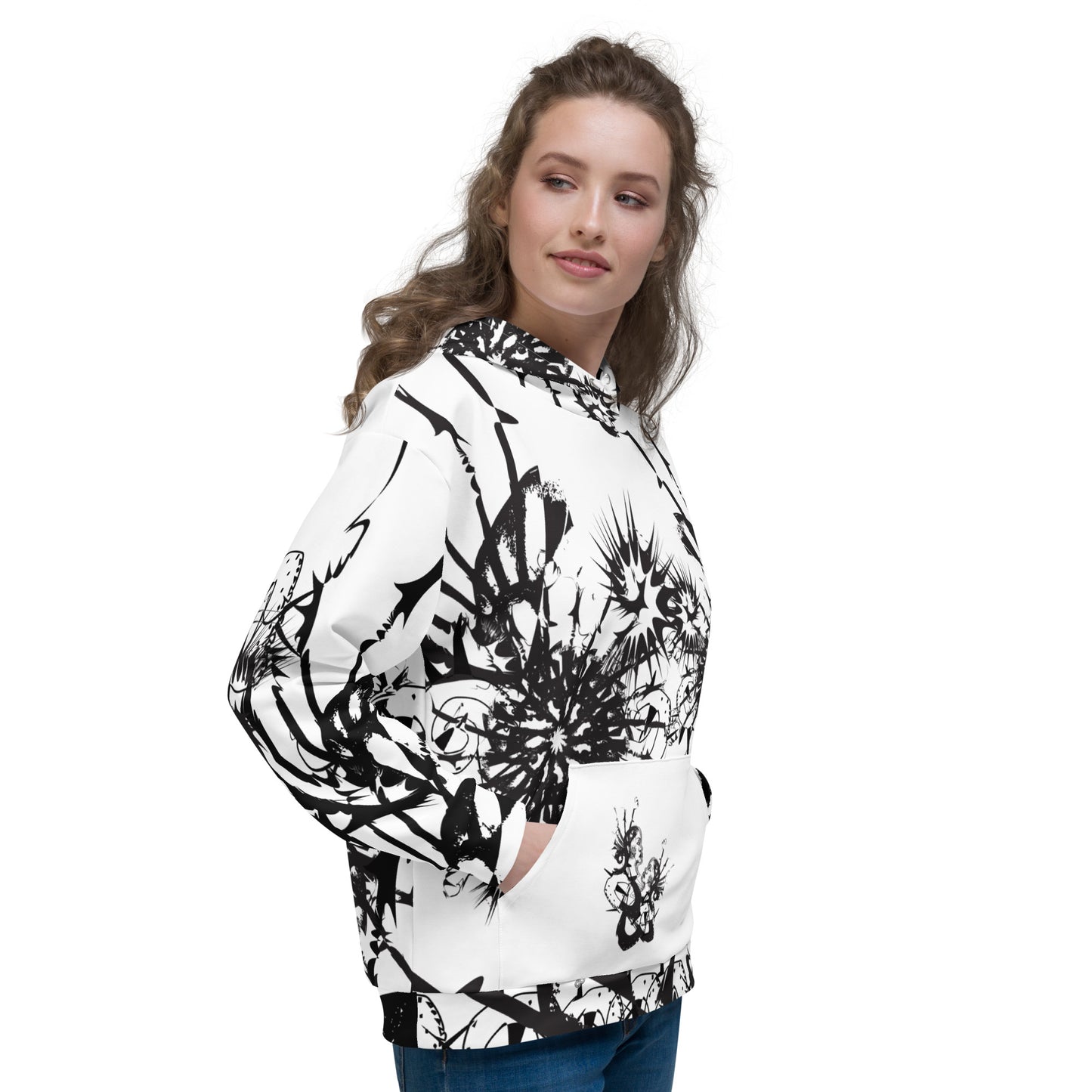 Front view of white all-over print unisex K.L.O.E. hoodie featuring black abstract hand-drawn illustration of two faces surrounded by dynamic organic shapes and cultural symbolism—celebrating transformation, individuality, and artistic expression.