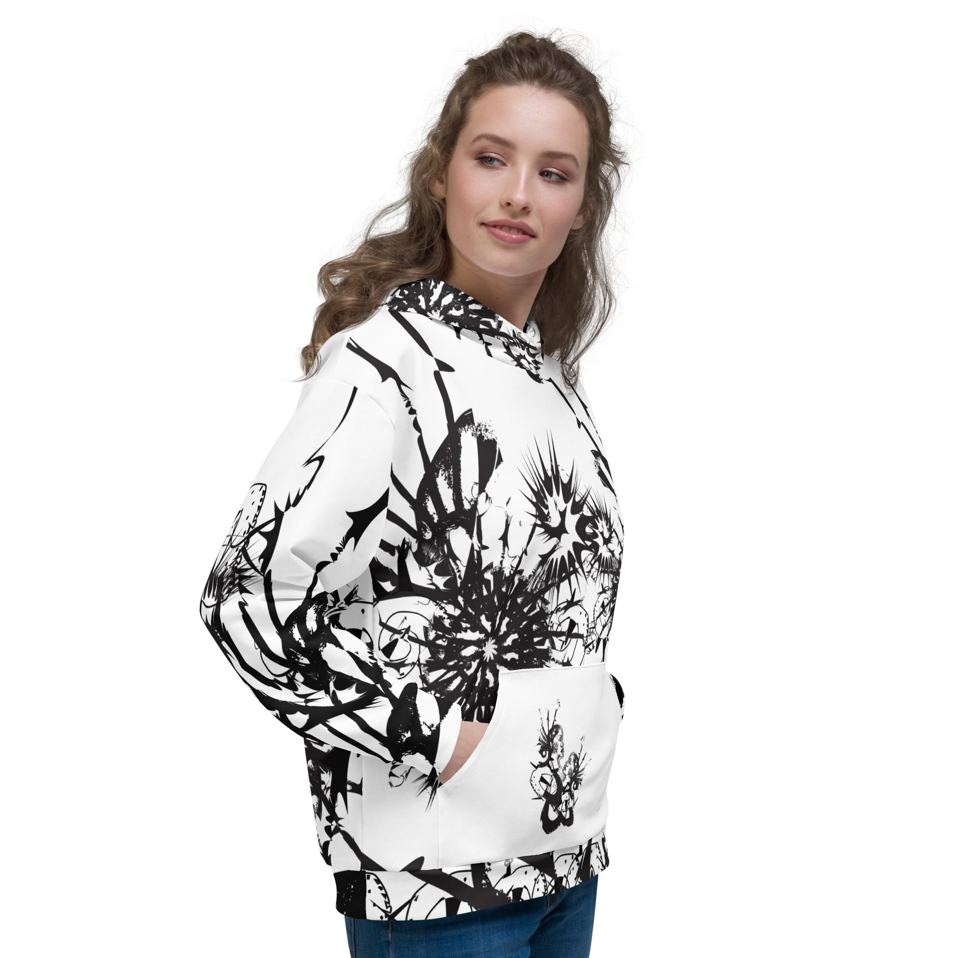 Front view of white all-over print unisex K.L.O.E. hoodie featuring black abstract hand-drawn illustration of two faces surrounded by dynamic organic shapes and cultural symbolism—celebrating transformation, individuality, and artistic expression.