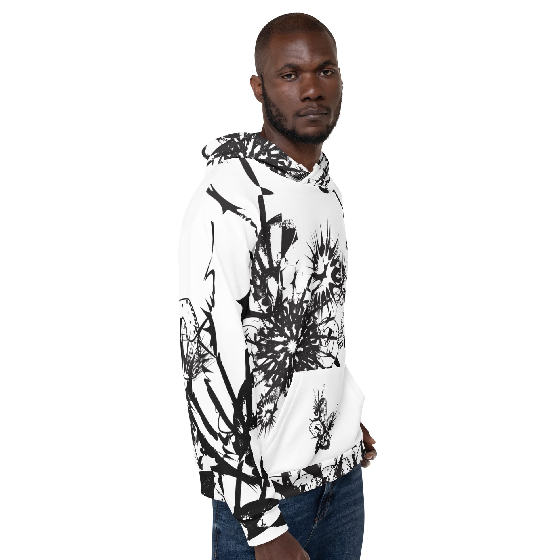 Front view of white all-over print unisex K.L.O.E. hoodie featuring black abstract hand-drawn illustration of two faces surrounded by dynamic organic shapes and cultural symbolism—celebrating transformation, individuality, and artistic expression.