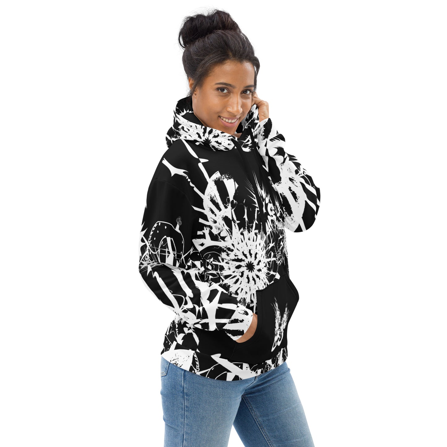 Front view of all-over print recycled unisex hoodie by K.L.O.E featuring white hand-drawn, culturally inspired artwork across the chest and sleeves—expressing individuality and transformation through abstract symbolism.
