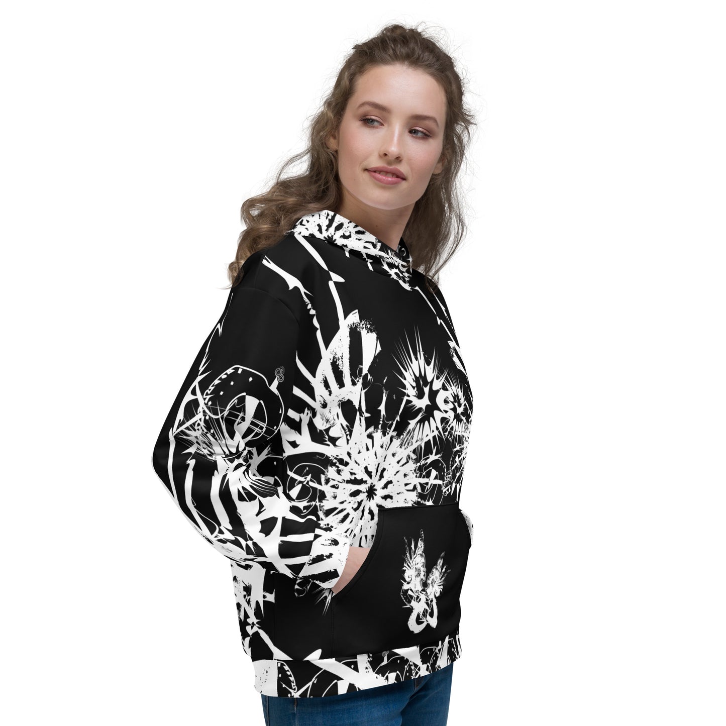 Front view of all-over print recycled unisex hoodie by K.L.O.E featuring white hand-drawn, culturally inspired artwork across the chest and sleeves—expressing individuality and transformation through abstract symbolism.