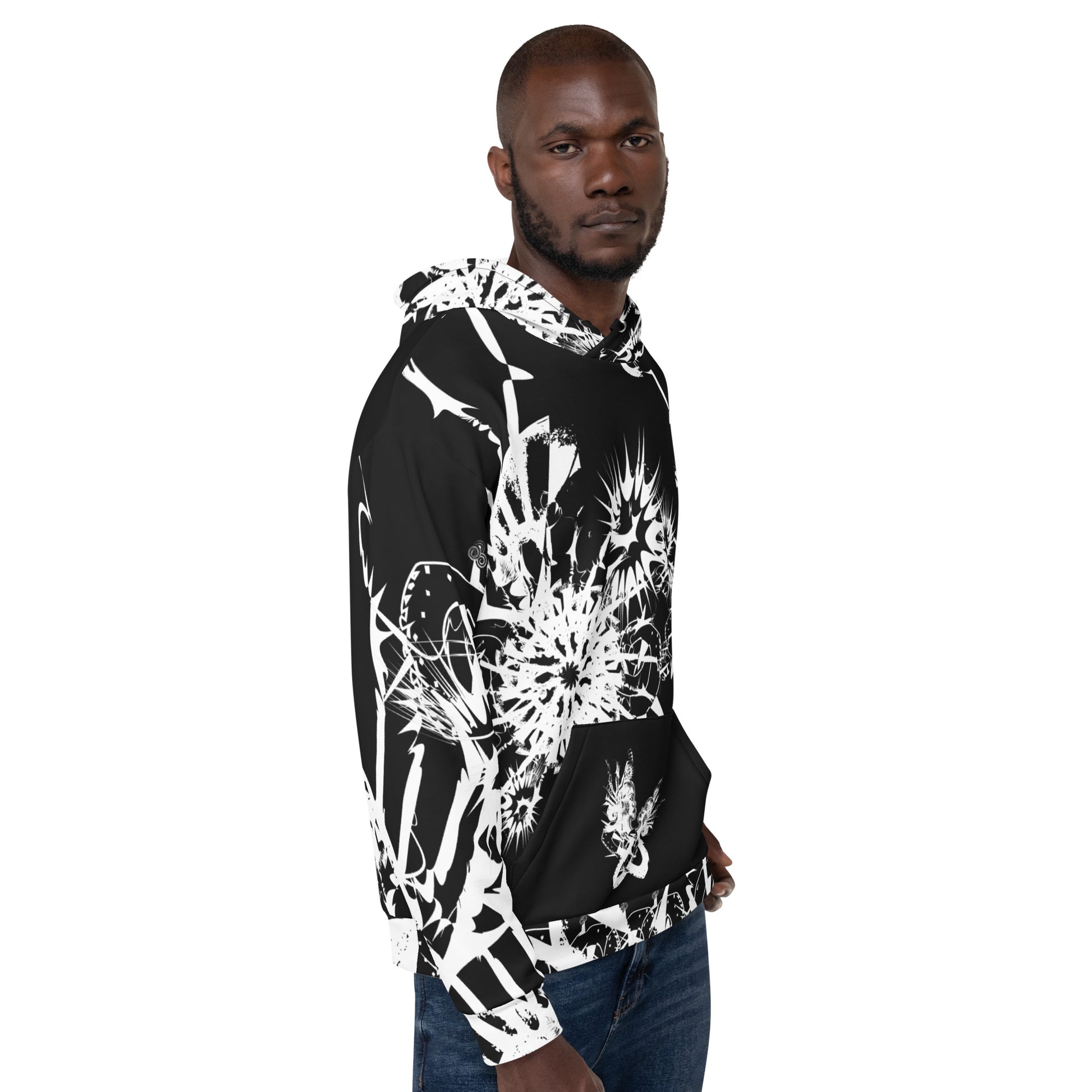 Front view of all-over print recycled unisex hoodie by K.L.O.E featuring white hand-drawn, culturally inspired artwork across the chest and sleeves—expressing individuality and transformation through abstract symbolism.
