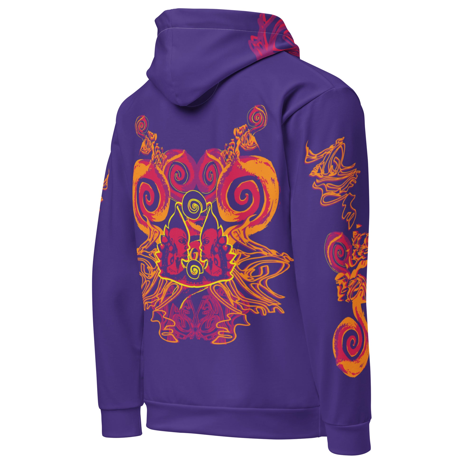 Back view of a vibrant purple hoodie with bold orange and red culturally inspired patterns, mirrored face design, and abstract swirls — expressive fashion from KLOE’s The Secret Chambers of I & I collection.