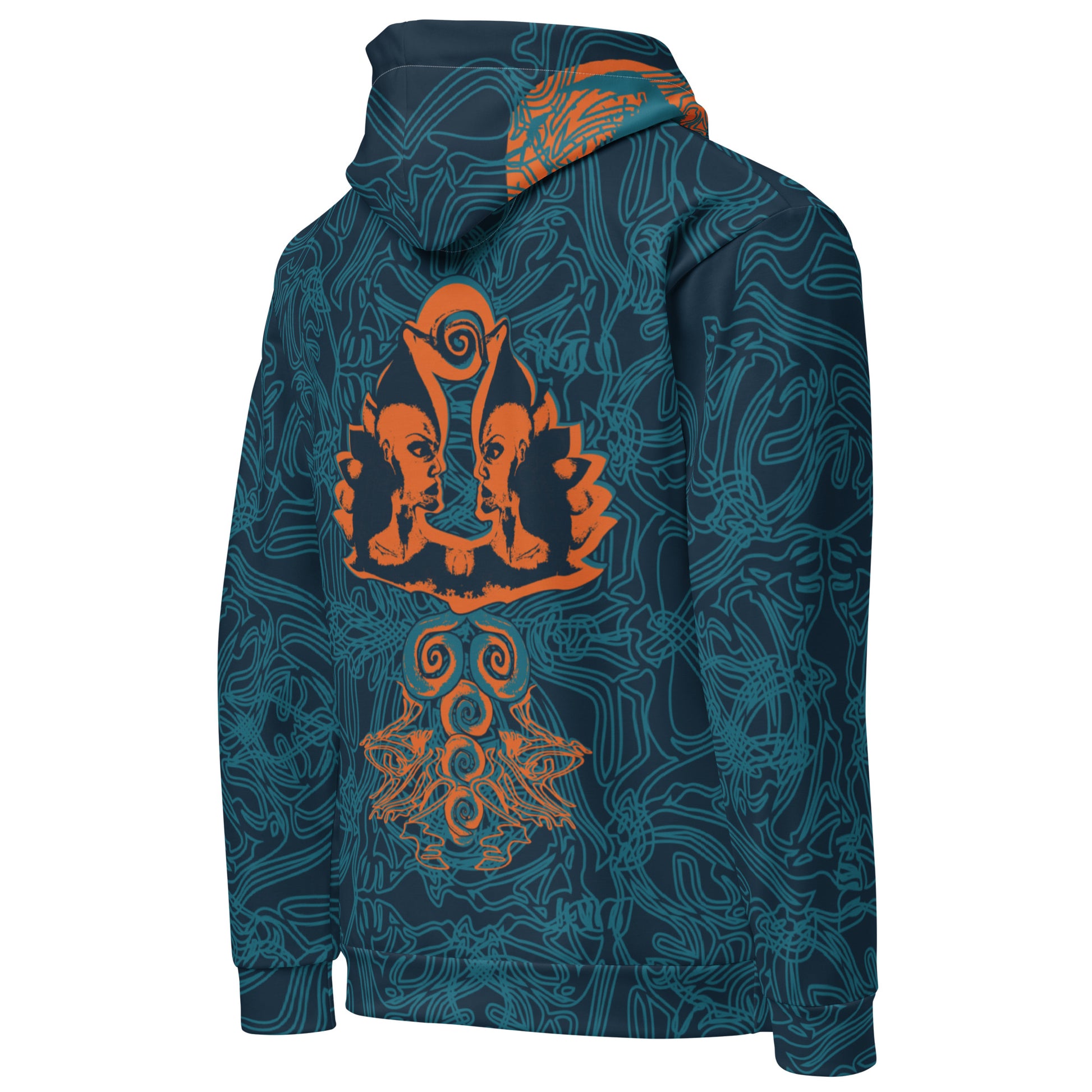 Back view of a navy blue hoodie featuring intricate cyan patterns and bold orange mirrored faces, with a tribal-inspired design on the hood.