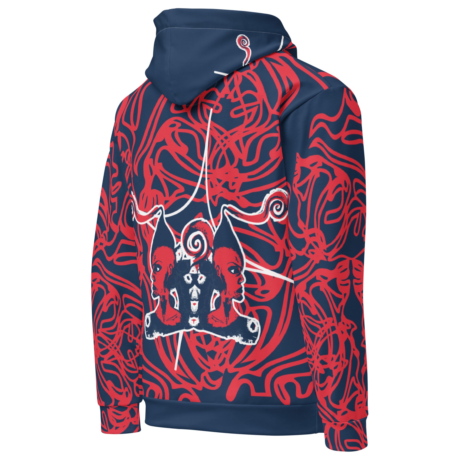 Bold navy and red streetwear hoodie featuring hand-drawn tribal patterns and mirrored face design, culturally inspired and crafted for modern, edgy style – KLOE fashion.