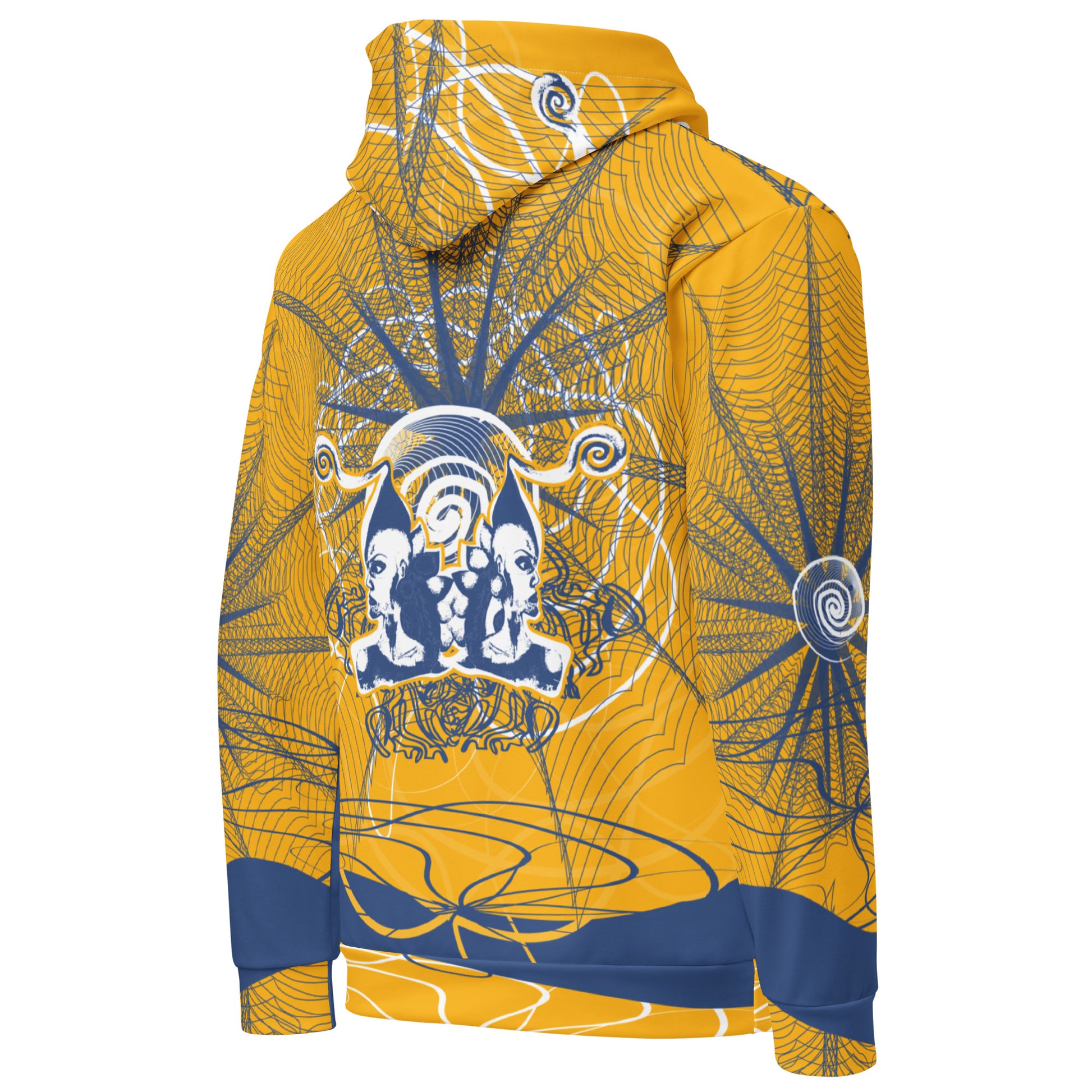 Back view of a golden yellow hoodie with layered navy linework and a mirrored face emblem at the center, combining cultural symbolism with modern streetwear design from the Secret Chambers of I and I collection.
