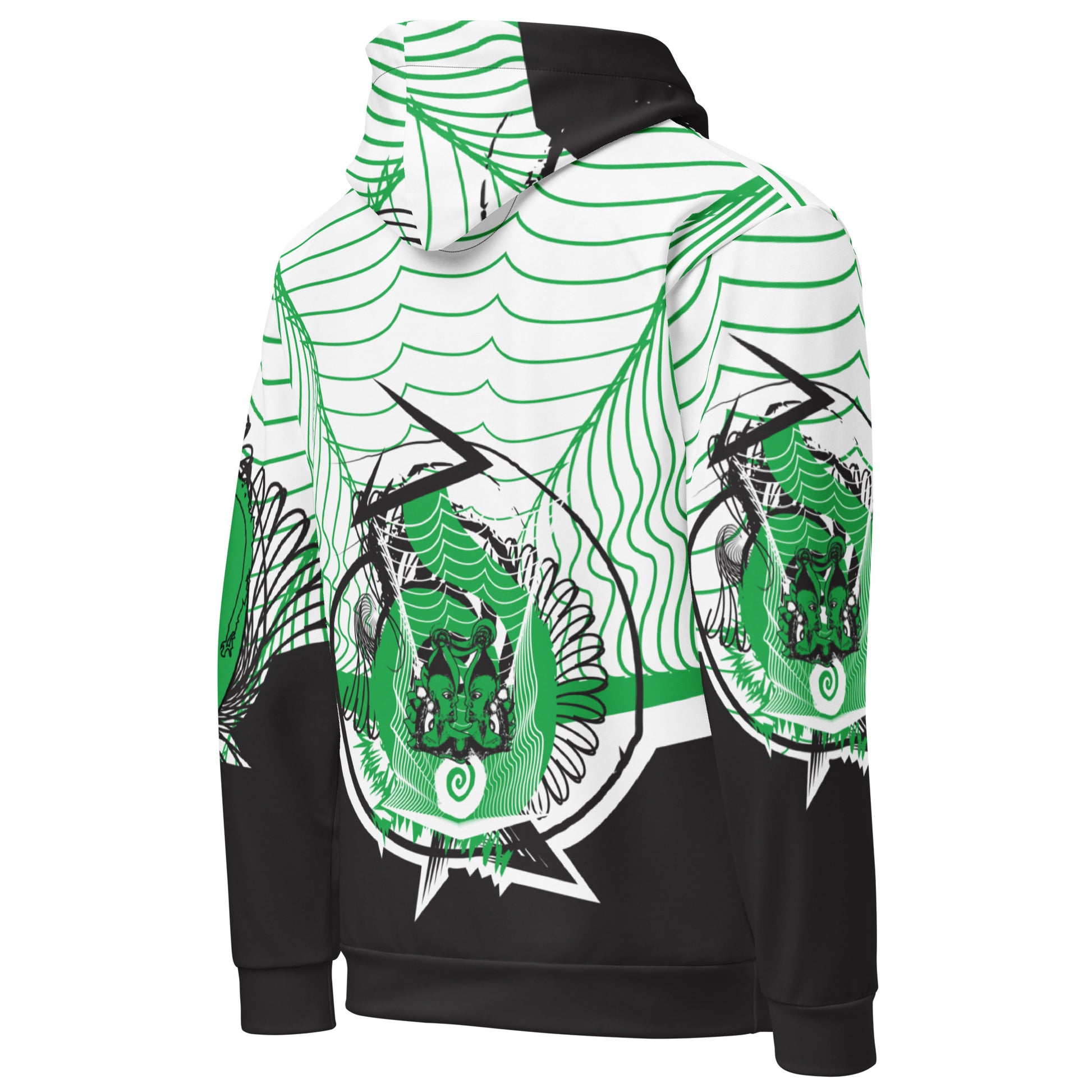 Hand-illustrated unisex hoodie featuring bold green spirals and a drawing of two mirrored faces — crafted for authentic self-expression and inspired by global artistic traditions, exclusive to KLOE.