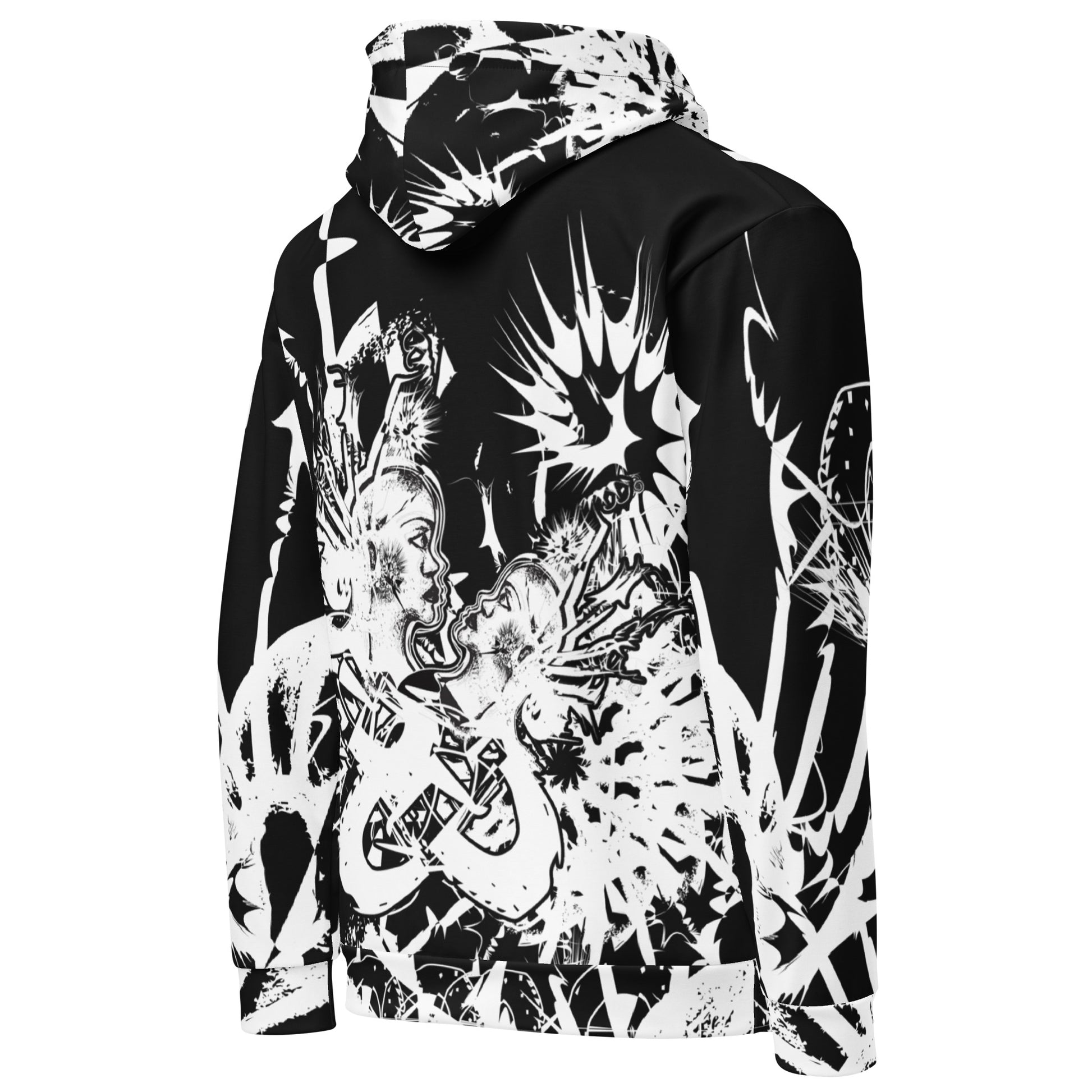 Back view of all-over print recycled unisex hoodie by K.L.O.E showcasing intricate white hand-drawn artwork of two abstract faces surrounded by bold cultural and symbolic motifs—celebrating artistic expression and self-evolution.