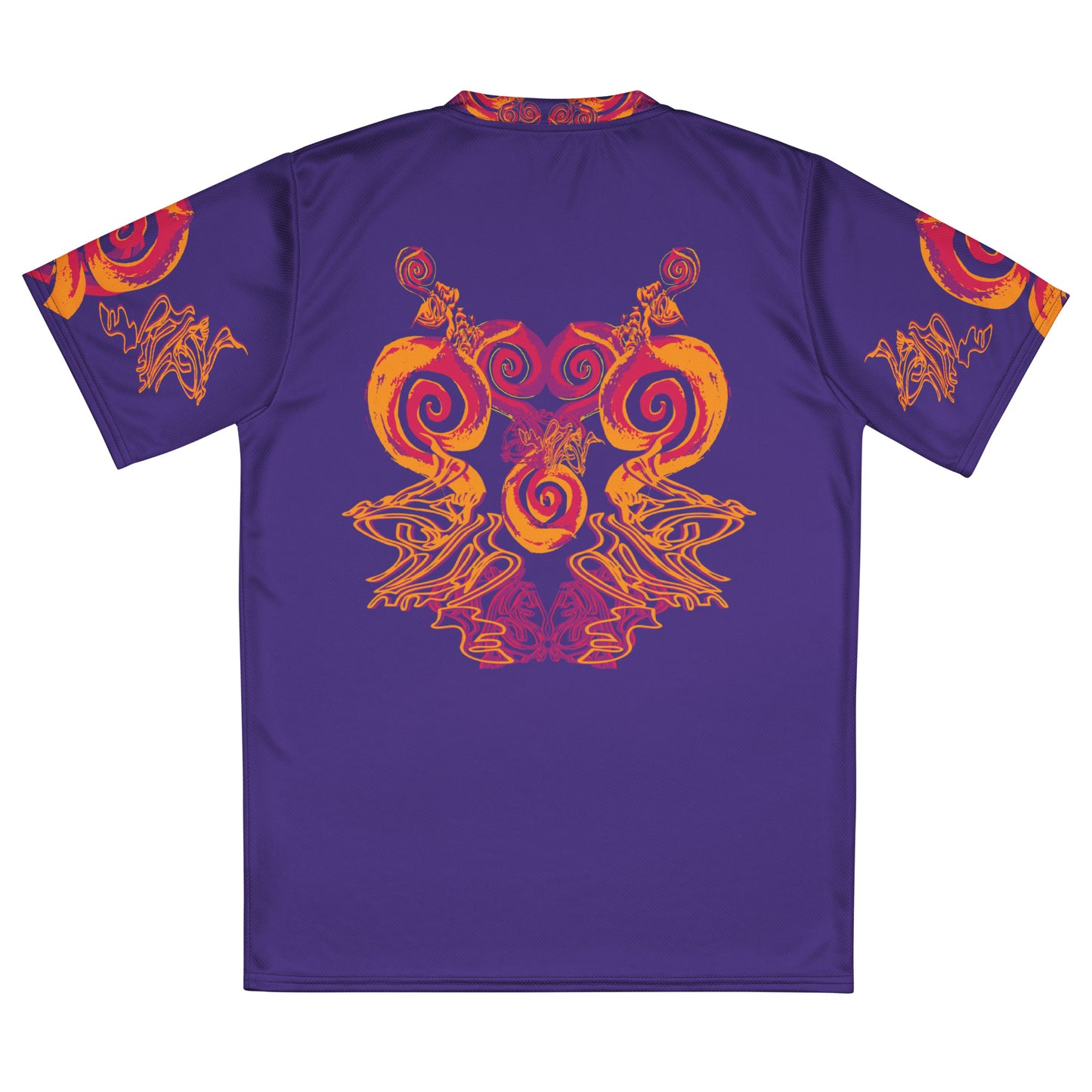 Back view of a vibrant purple sports jersey with bold orange and red culturally inspired patterns and swirling designs – expressive fashion from KLOE’s The Secret Chambers of I & I collection.