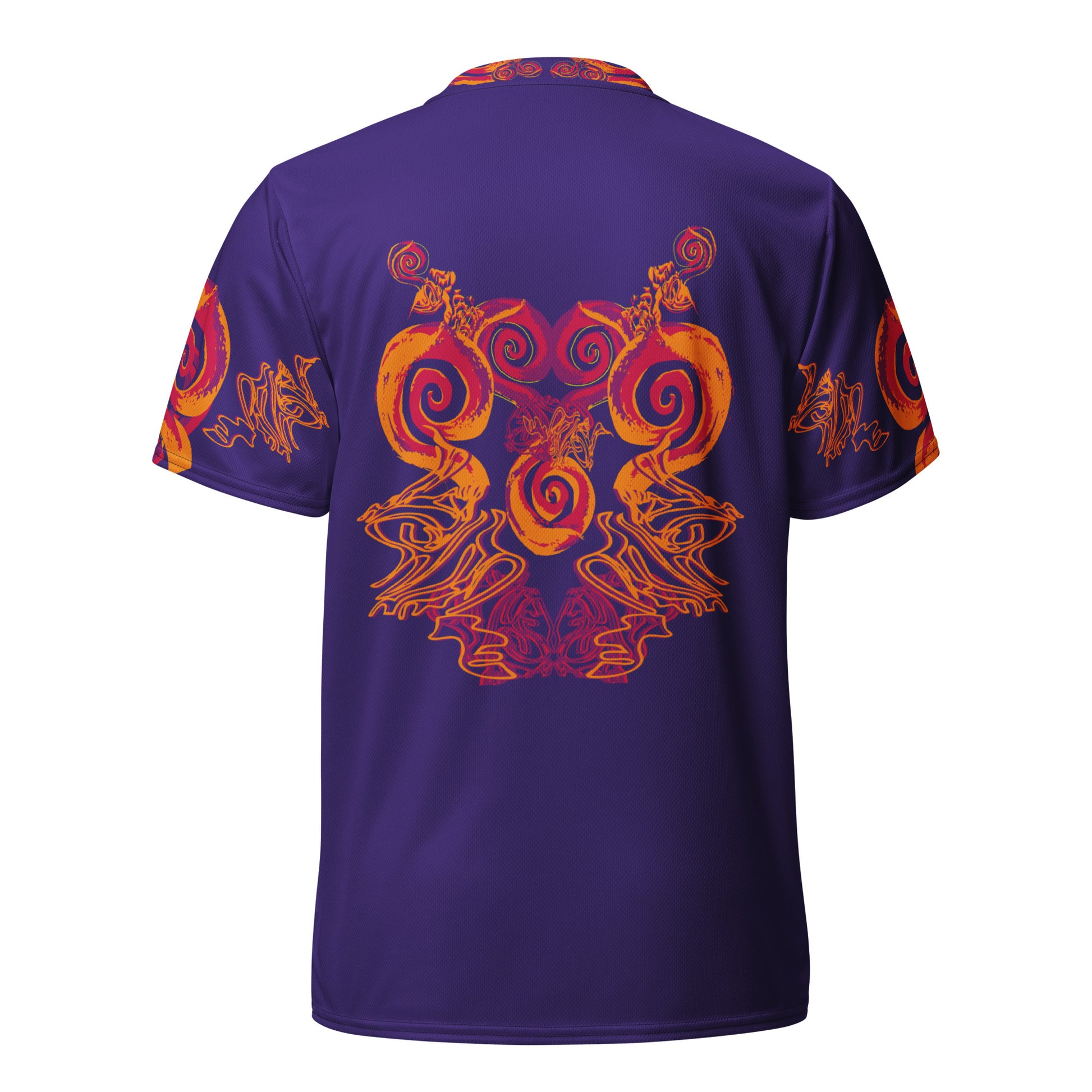 Back view of a vibrant purple sports jersey with bold orange and red culturally inspired patterns and swirling designs – expressive fashion from KLOE’s The Secret Chambers of I & I collection.
