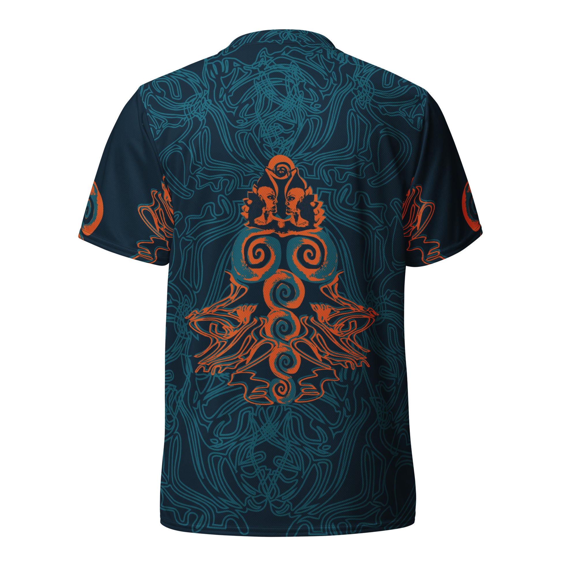 Back view of a navy blue sports jersey showcasing swirling cyan patterns and a striking orange tribal-inspired emblem, blending cultural artistry with modern streetwear.