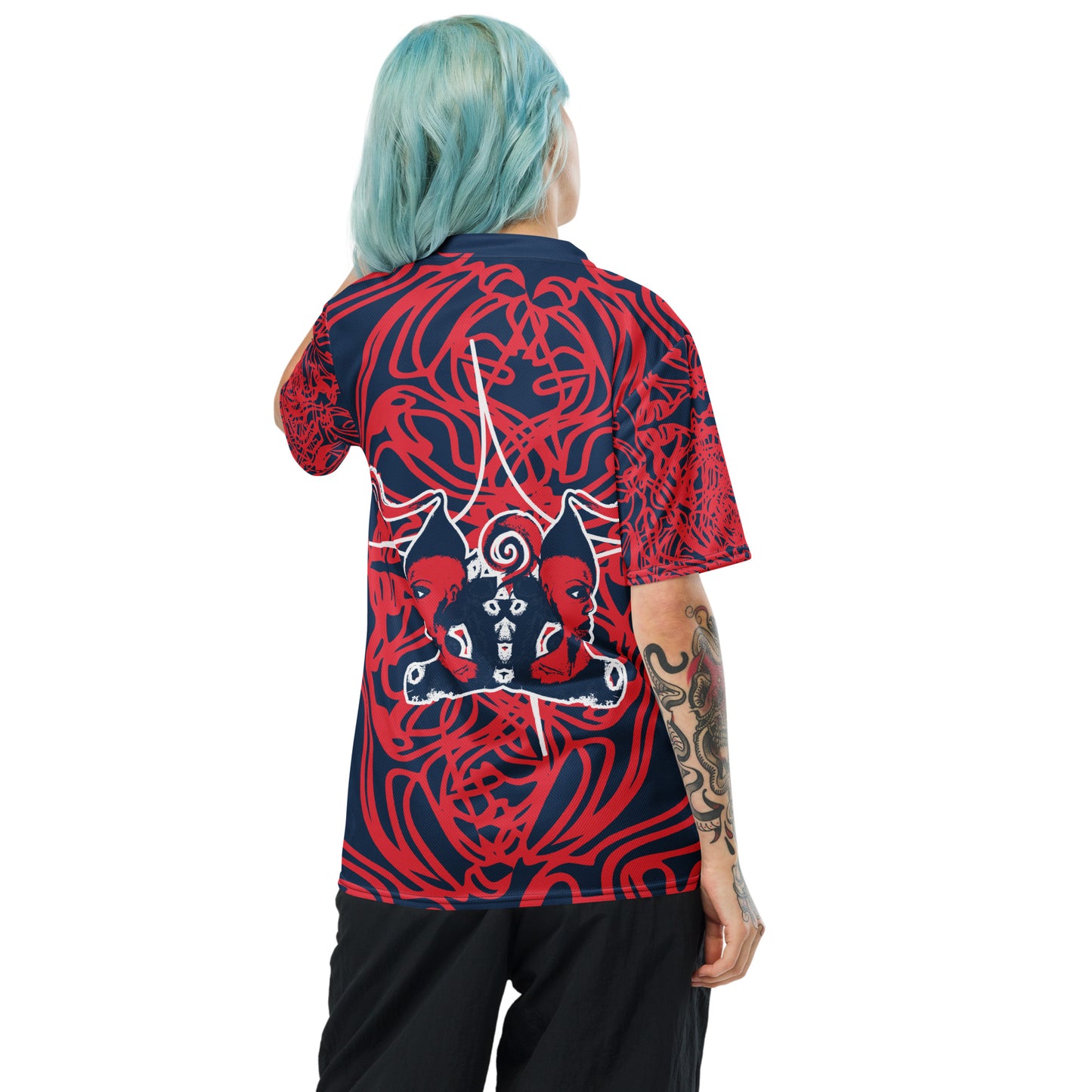 Bold navy and red streetwear t-shirt featuring hand-drawn tribal patterns and mirrored face design, culturally inspired and handcrafted for modern, edgy style – KLOE fashion.