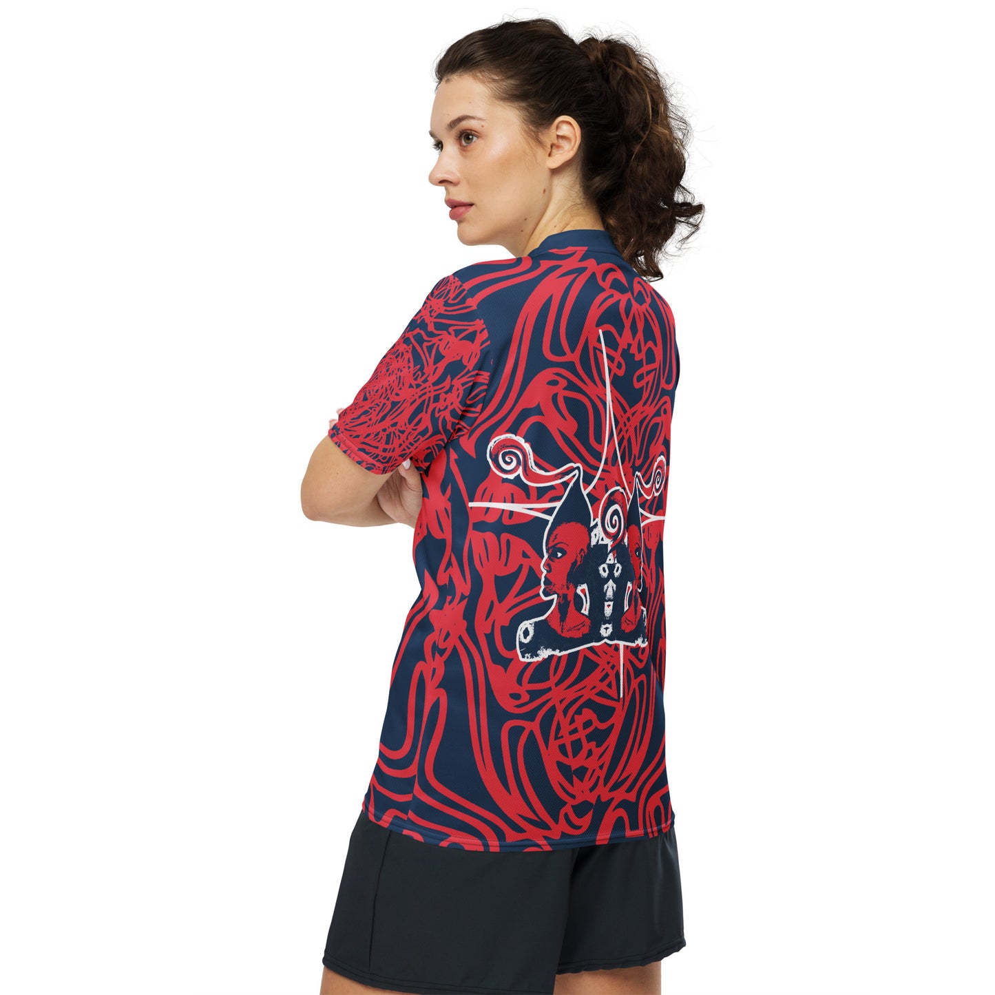 Bold navy and red streetwear t-shirt featuring hand-drawn tribal patterns and mirrored face design, culturally inspired and handcrafted for modern, edgy style – KLOE fashion.