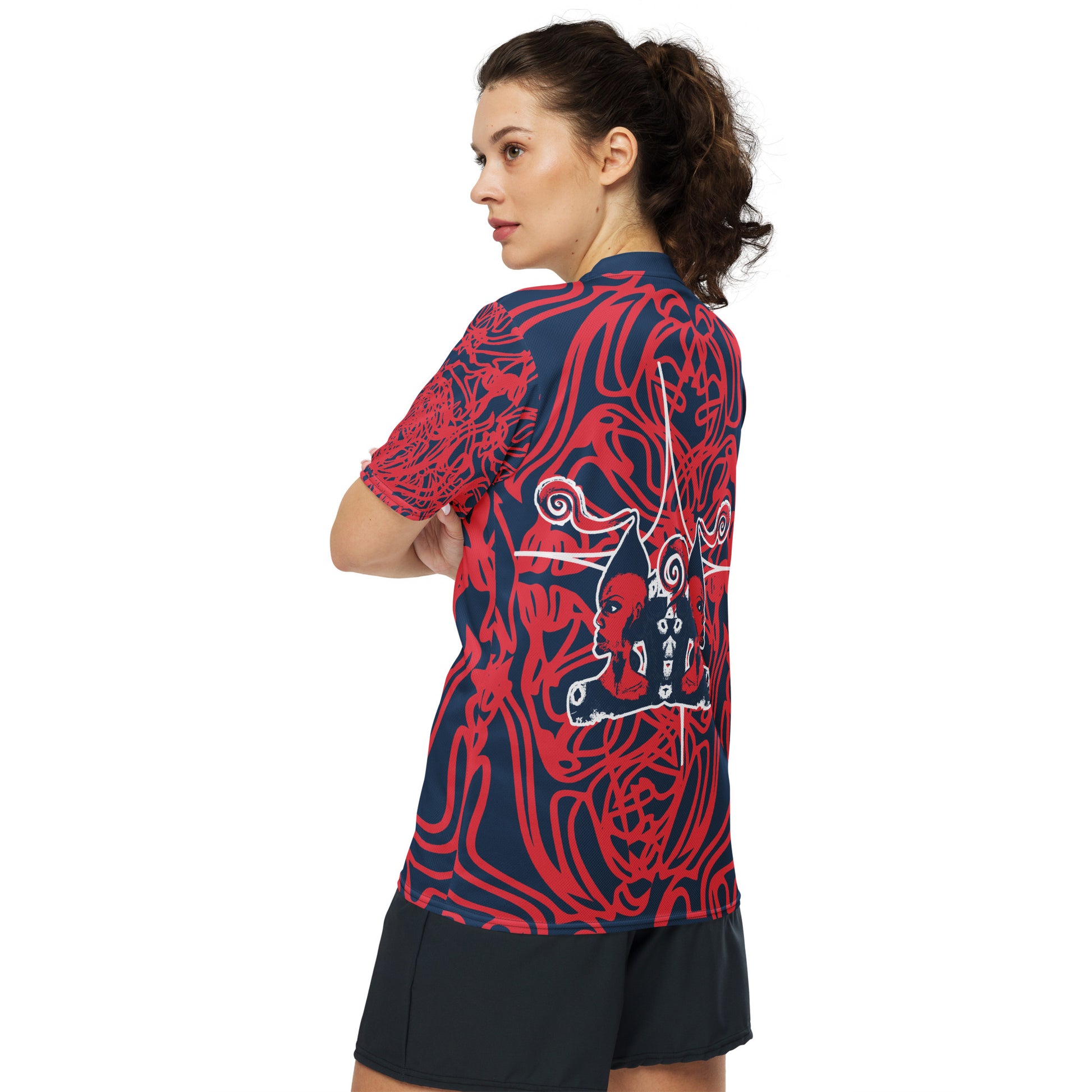 Bold navy and red streetwear t-shirt featuring hand-drawn tribal patterns and mirrored face design, culturally inspired and handcrafted for modern, edgy style – KLOE fashion.