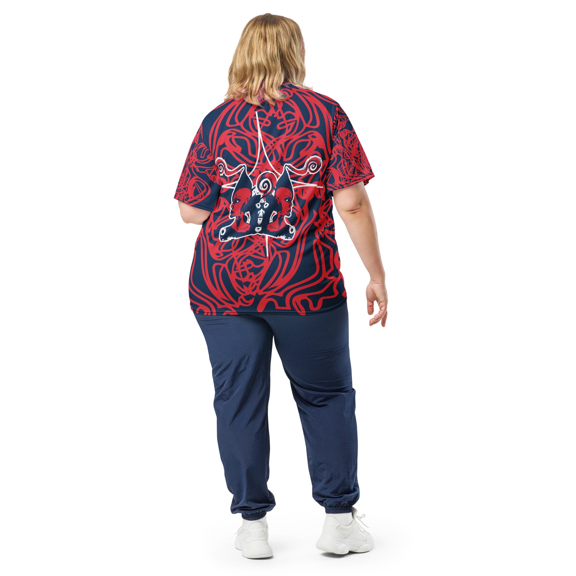 Bold navy and red streetwear t-shirt featuring hand-drawn tribal patterns and mirrored face design, culturally inspired and handcrafted for modern, edgy style – KLOE fashion.